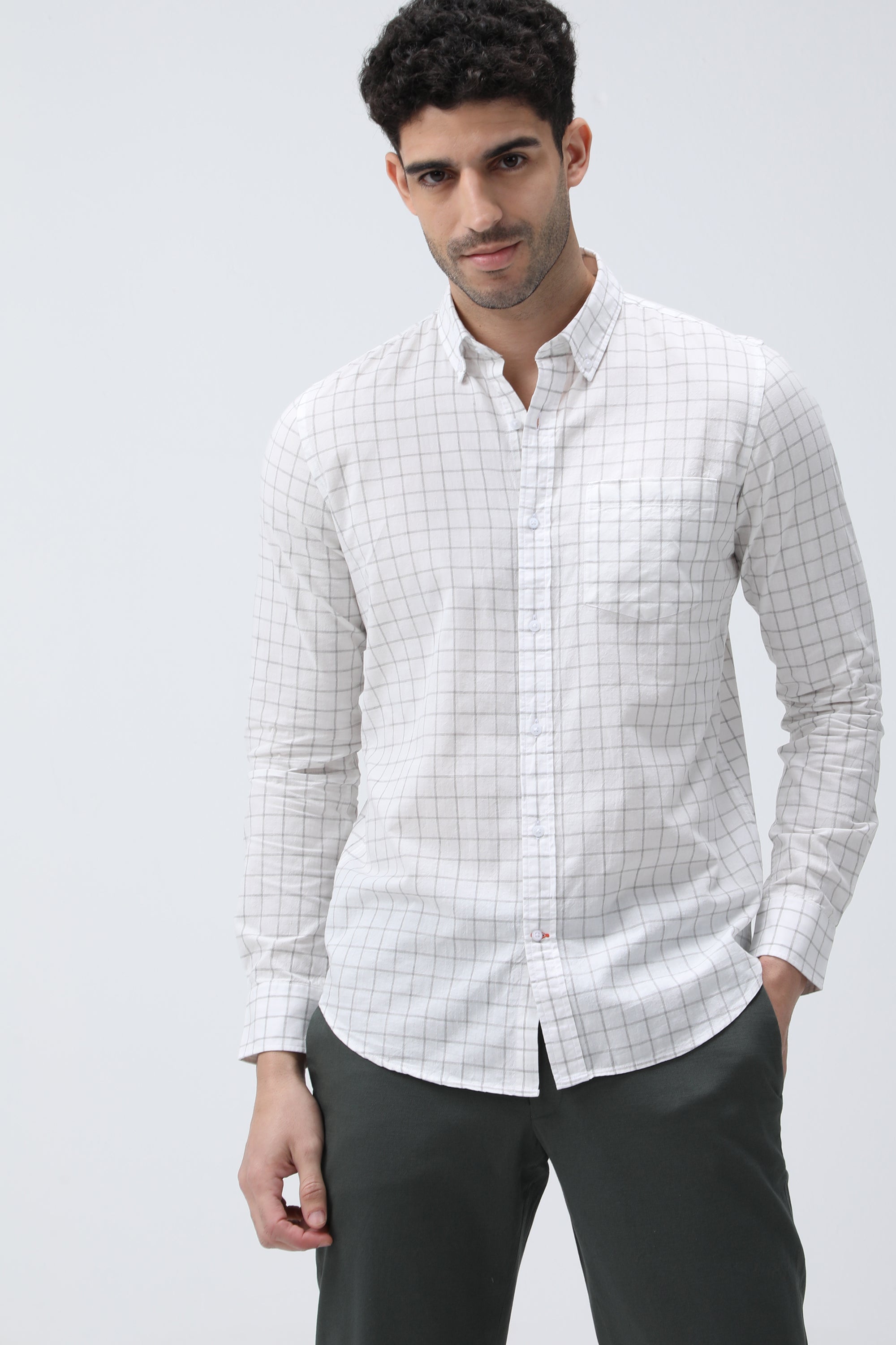 Bare Brown Checkered Cotton Shirt - White