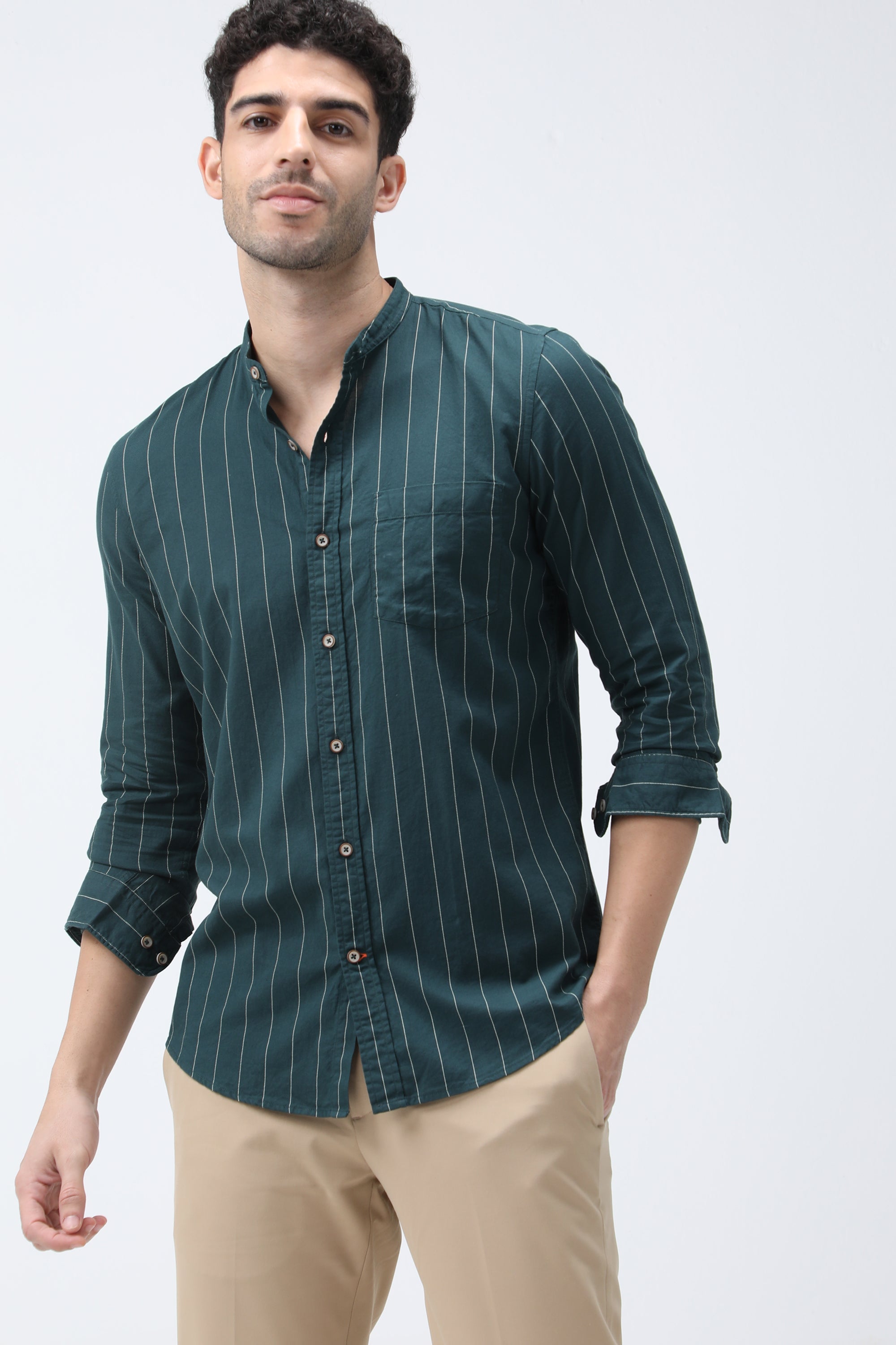 Bare Brown Stripe Cotton Shirt - Green