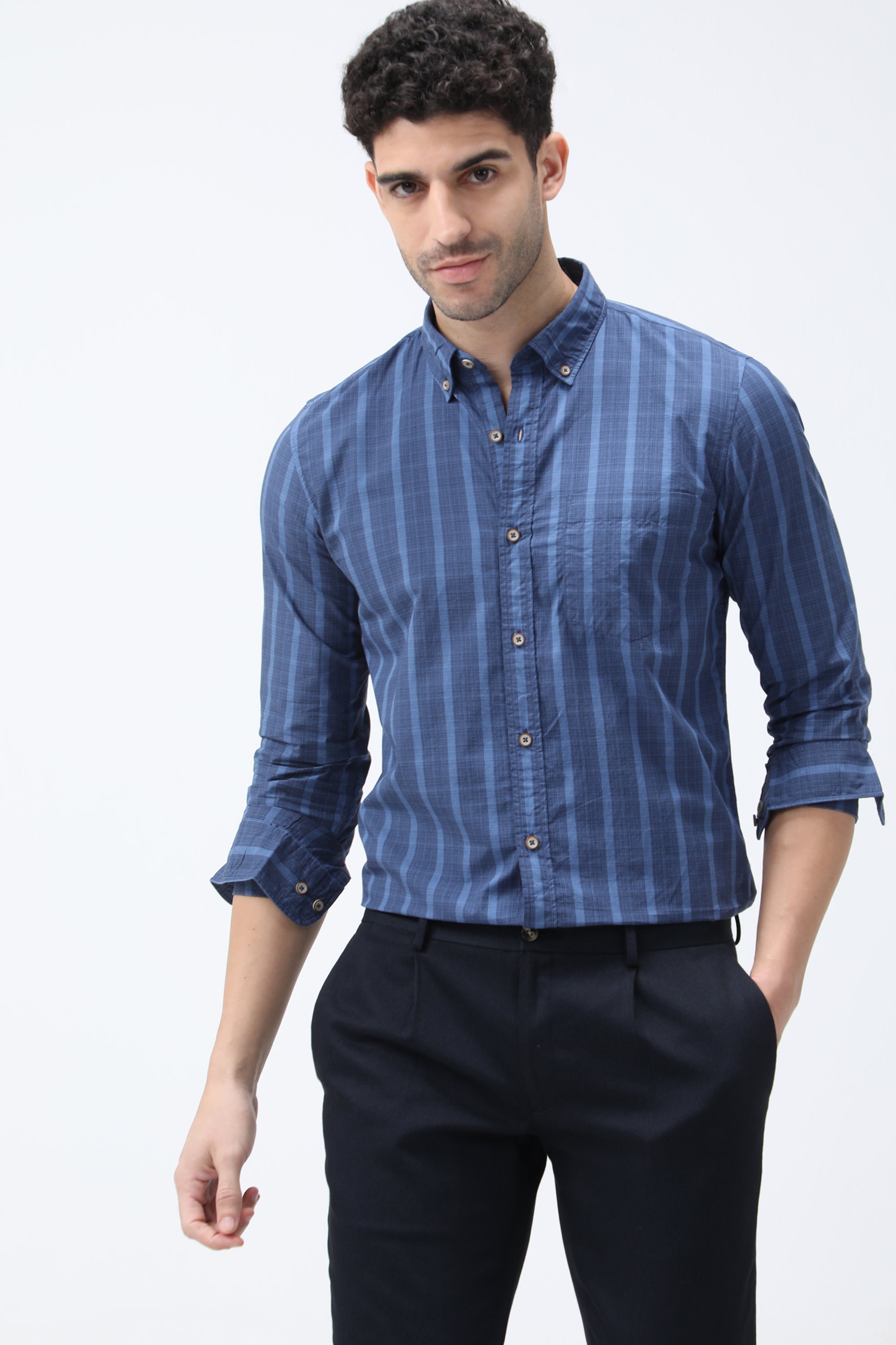 Mr. Brown Stripe Cotton Blue Shirt