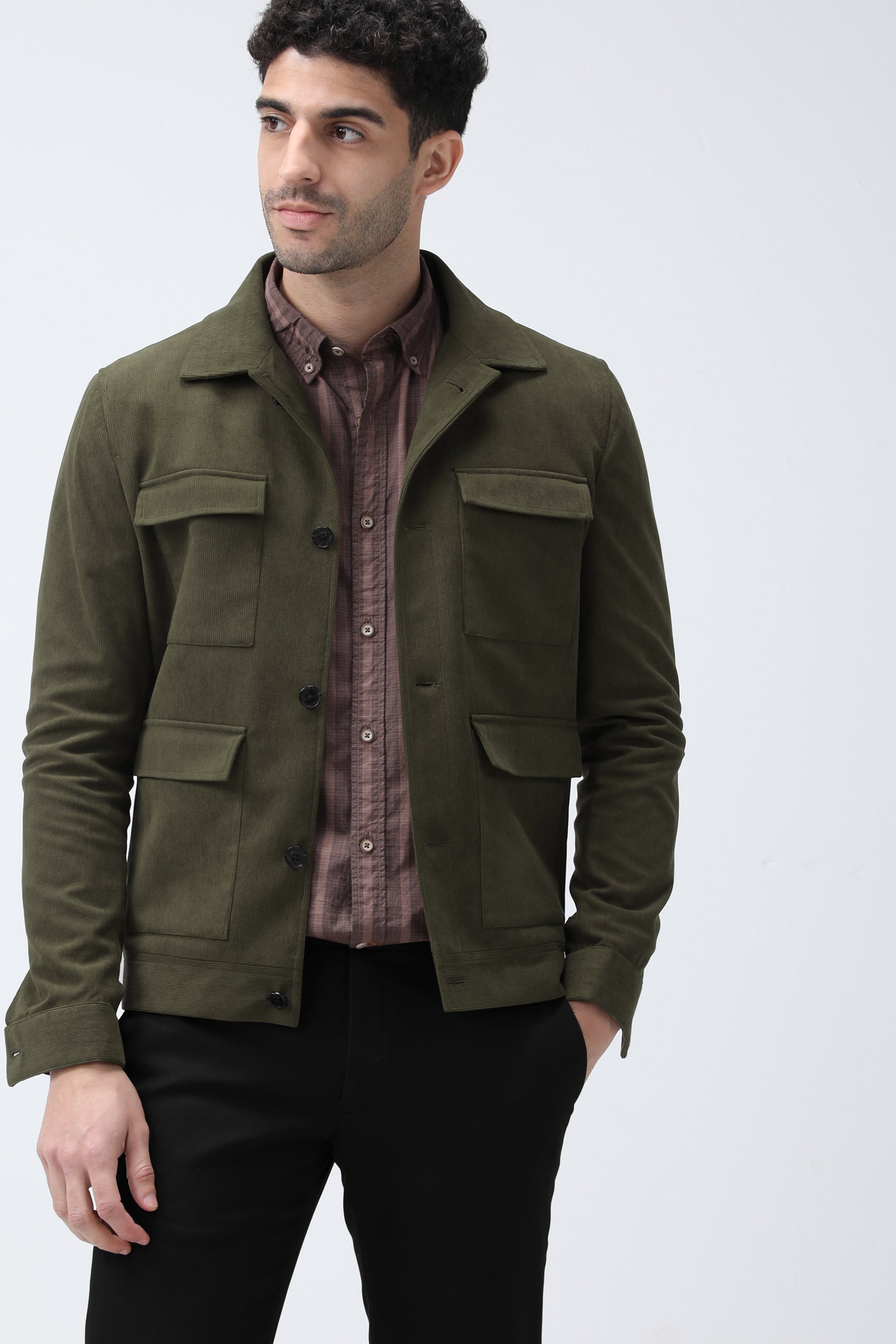Bare Brown Corduroy Overshirt with Pockets - Olive green