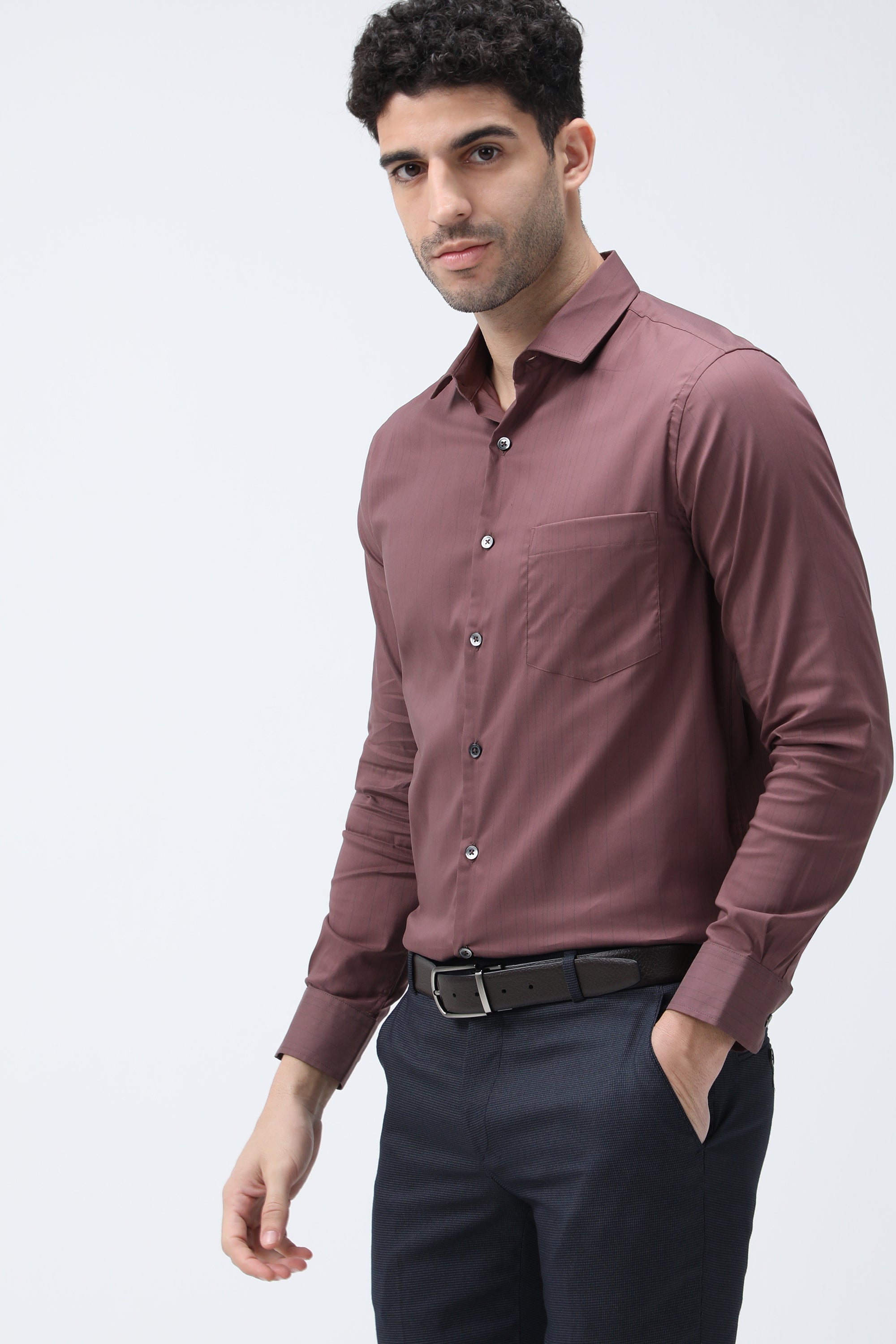 T the brand Stripe Dobby Slim Fit Full Sleeved Shirt - Brown