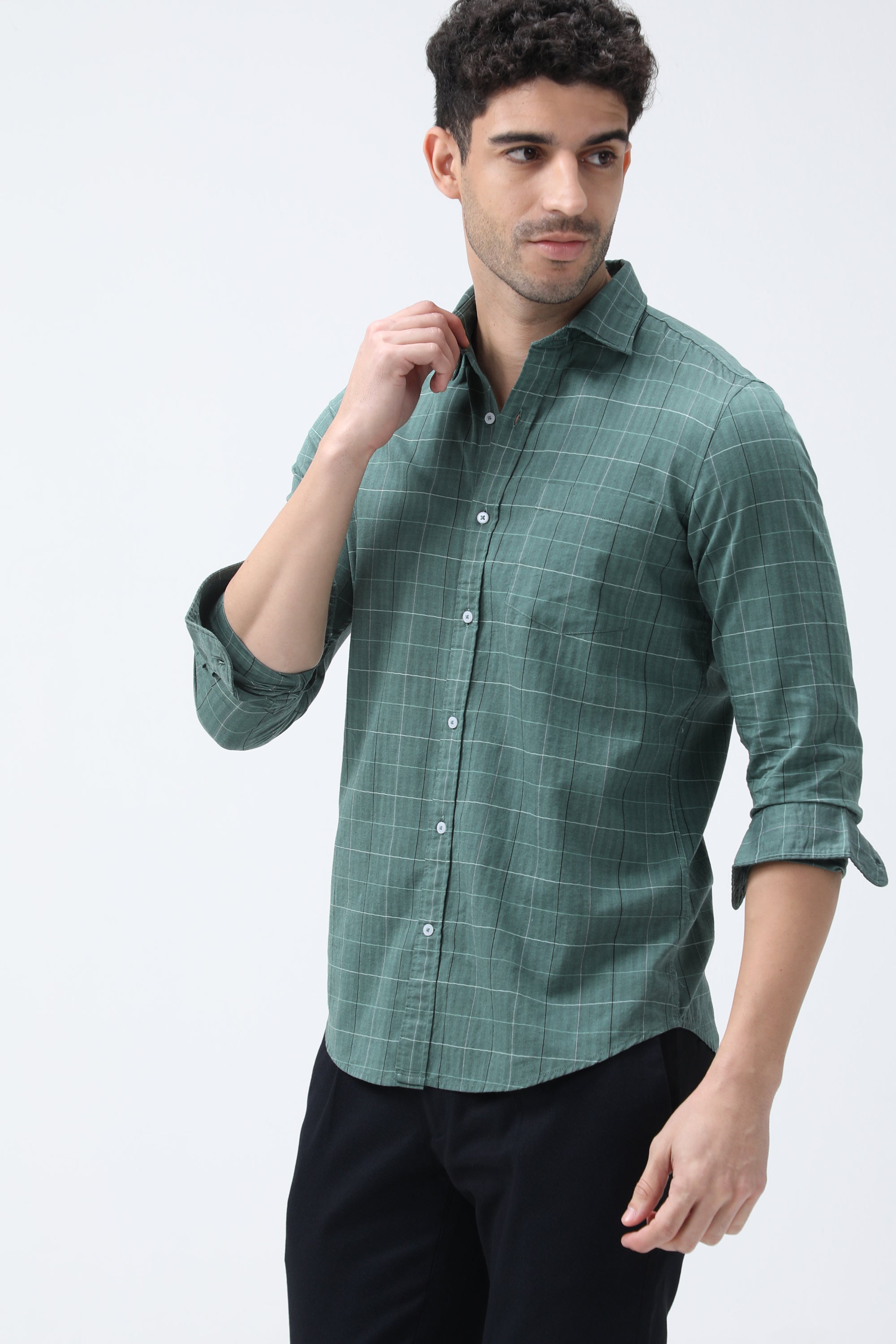 Bare Brown Checkered Cotton Green Shirt