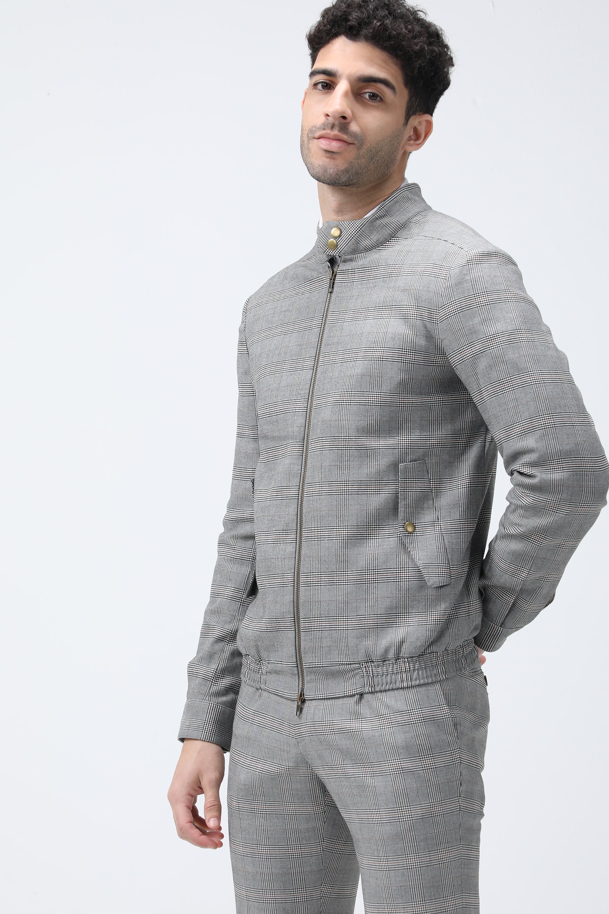 Bare Brown Checkered Bomber Jacket - Grey