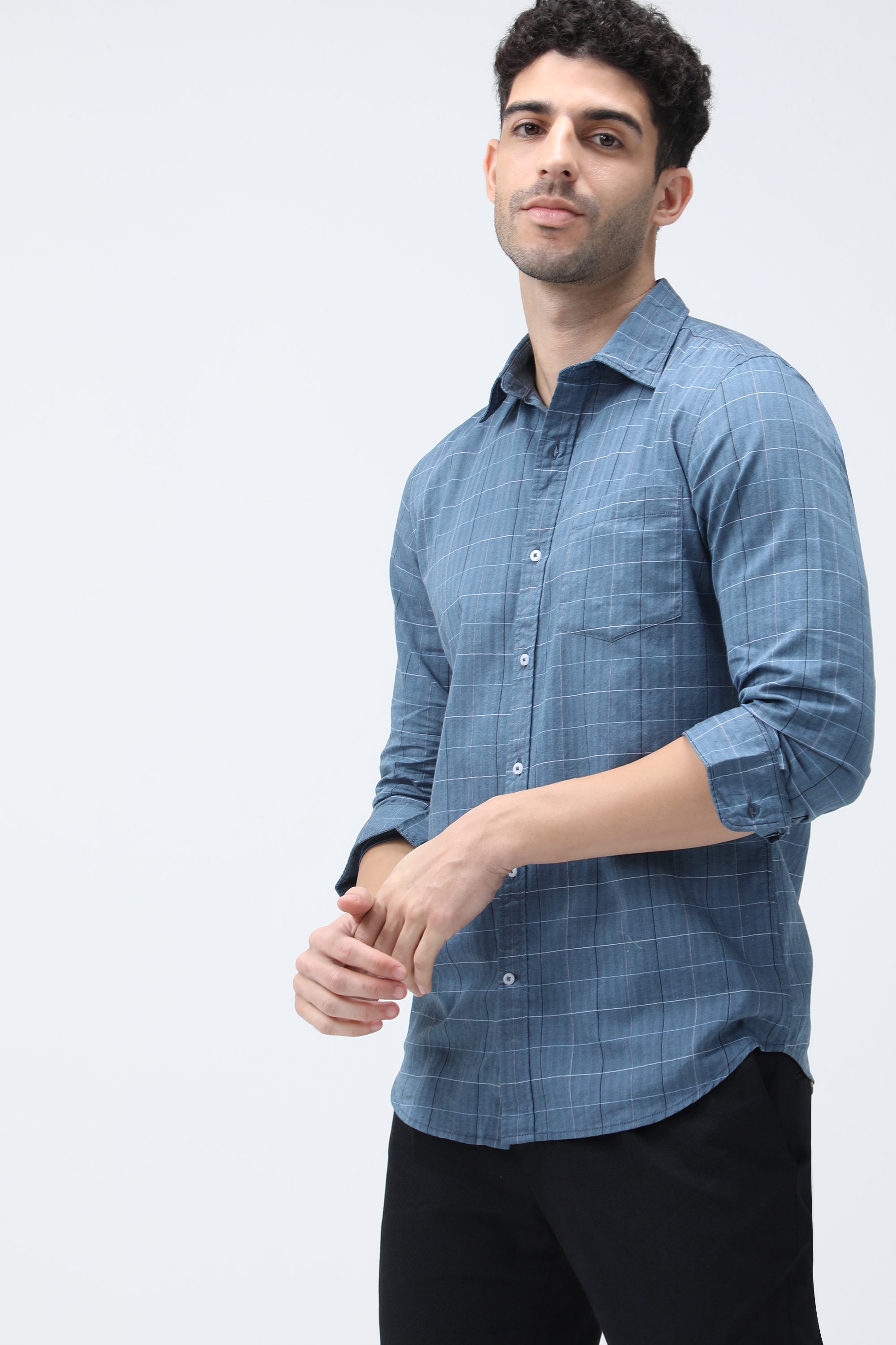 Bare Brown Checkered Cotton Blue Shirt