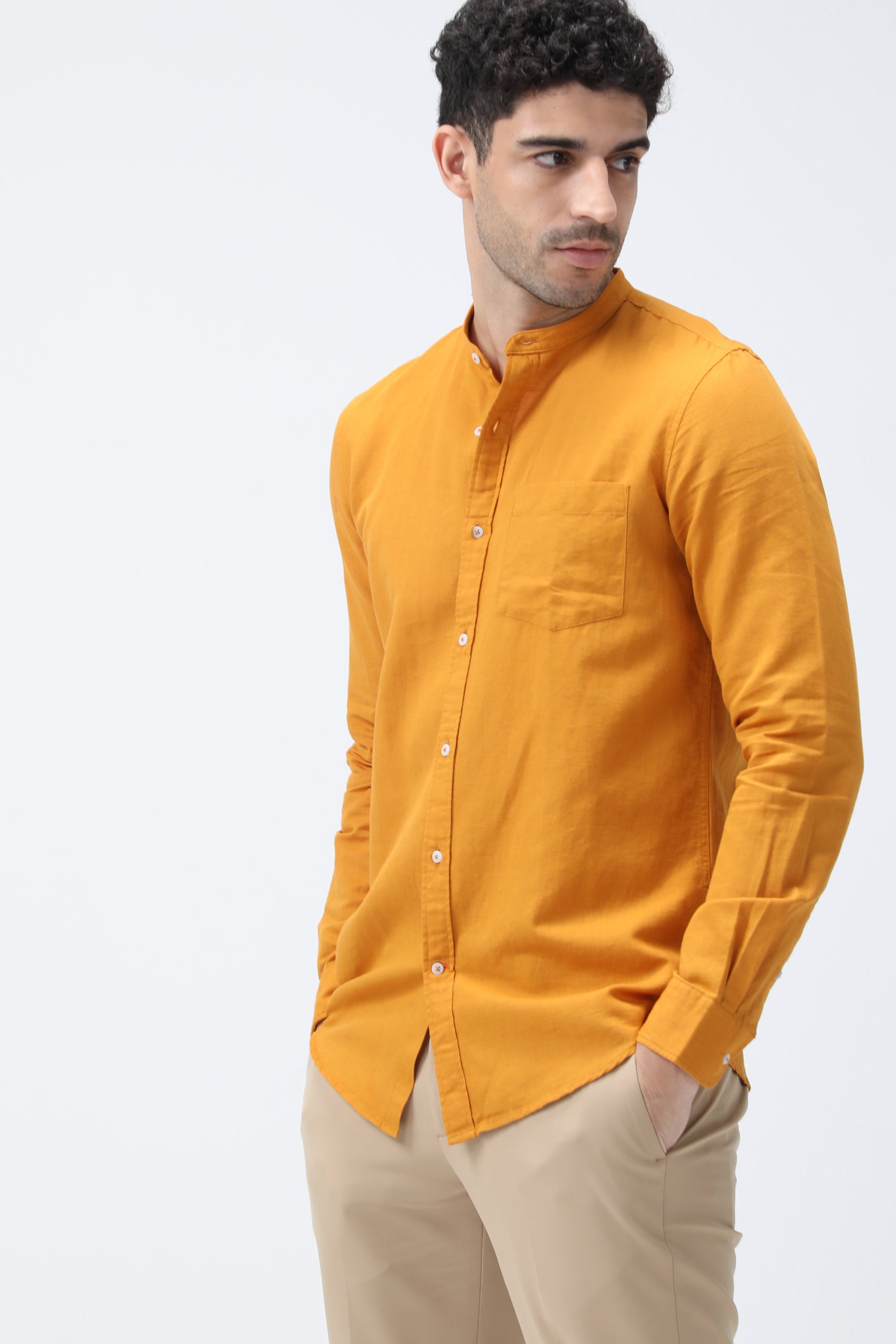 Bare Brown Mandarin Collar Cotton Linen Shirt, Slim Fit with Full Sleeves -Yellow