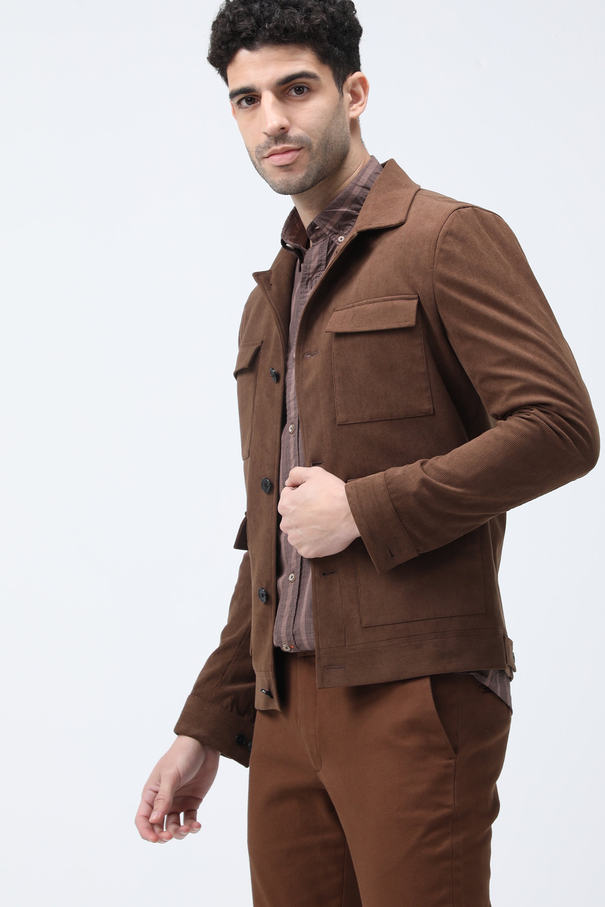 Bare Brown Corduroy Overshirt with Pockets - Brown