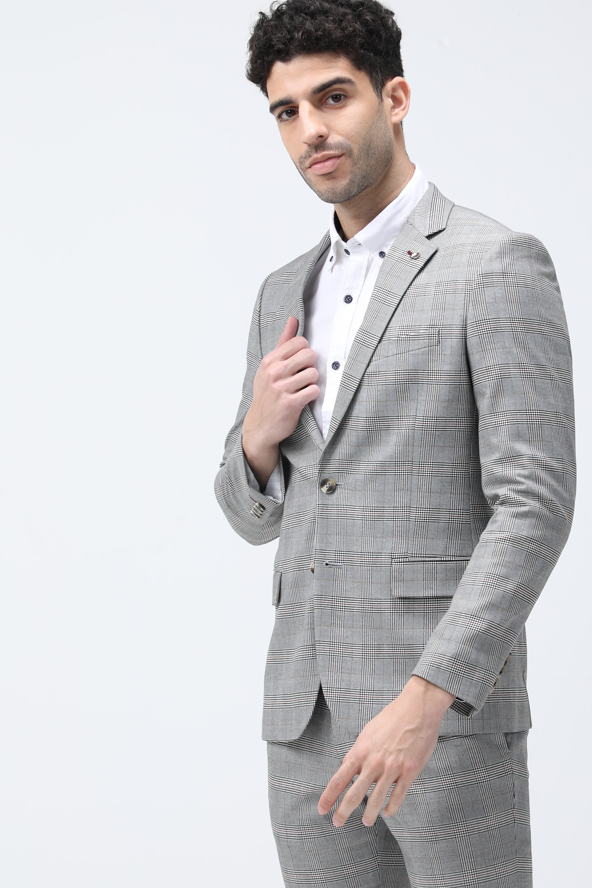 Bare Brown Casual Checkered Blazer - Grey