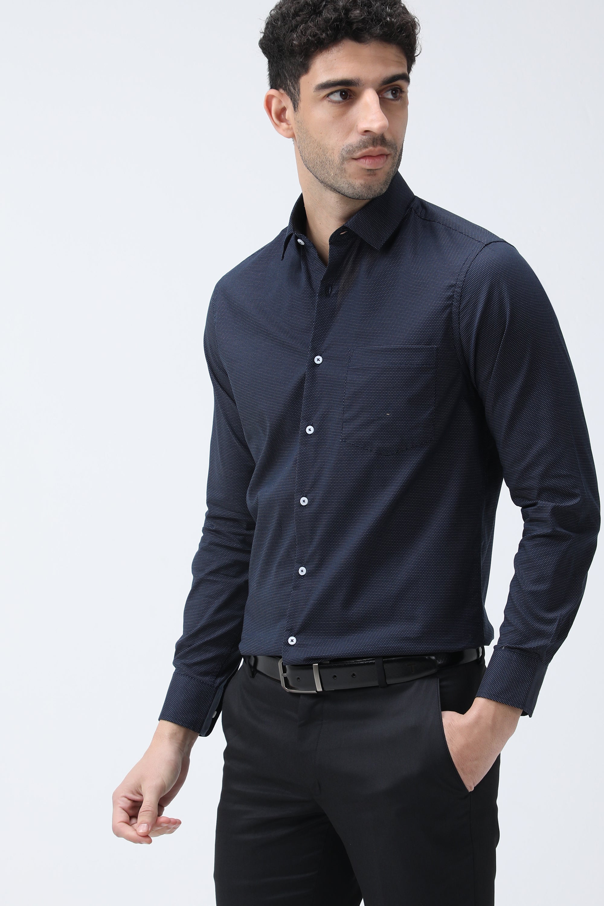 T the brand Dobby Slim Fit Full Sleeved Shirt - Navy
