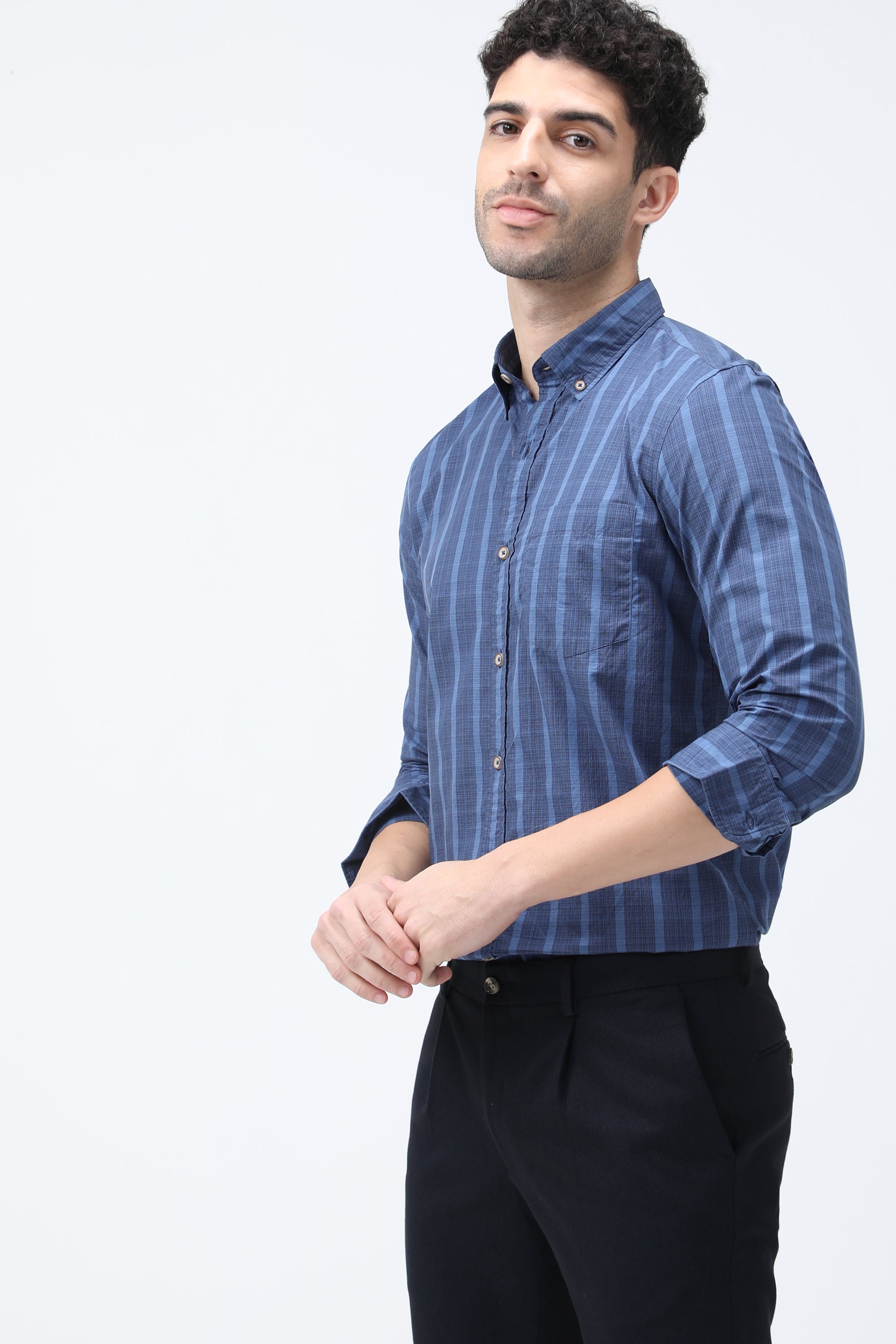 Mr. Brown Stripe Cotton Blue Shirt
