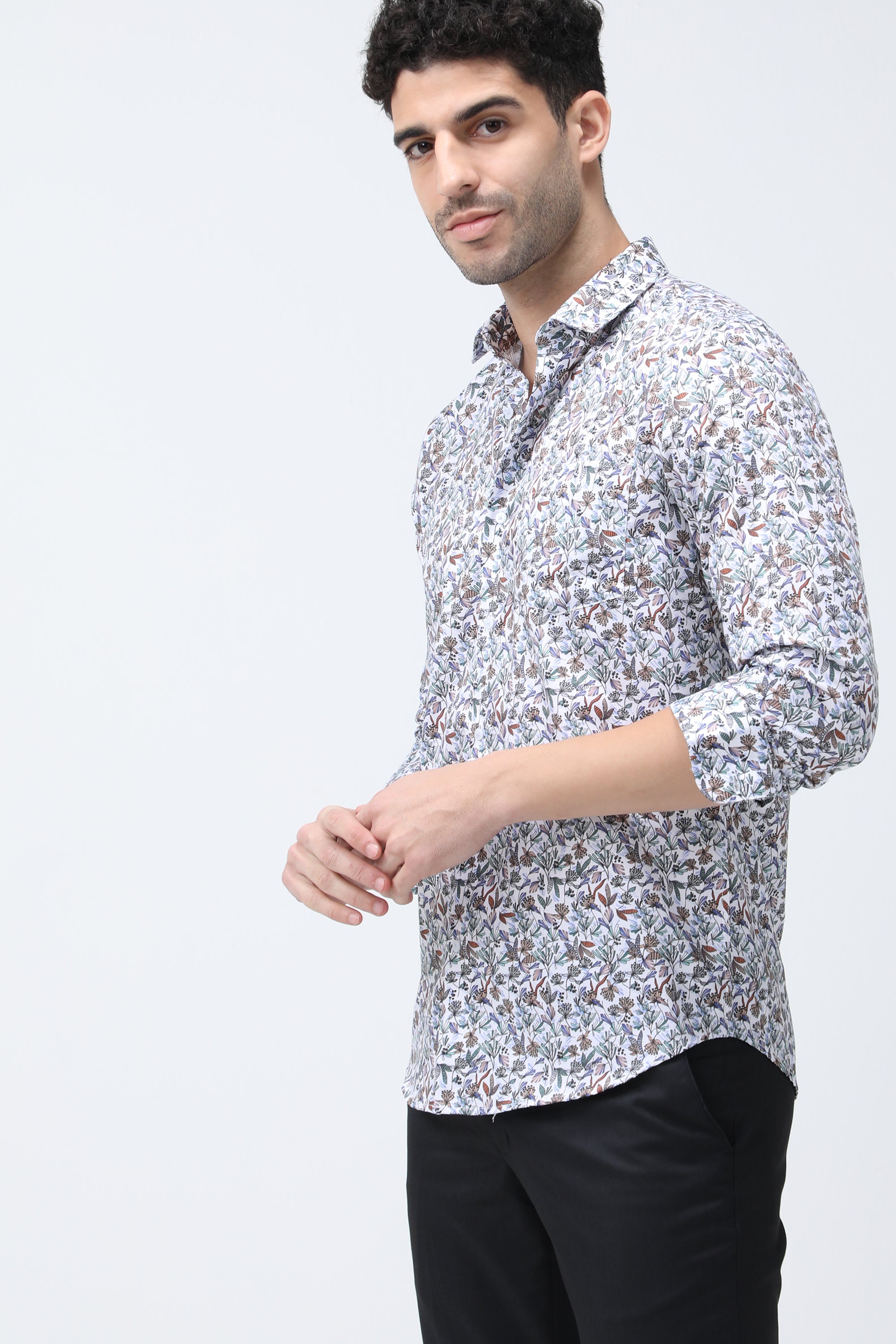 Floral Printed Twill Slim Fit Full Sleeved Shirt - White