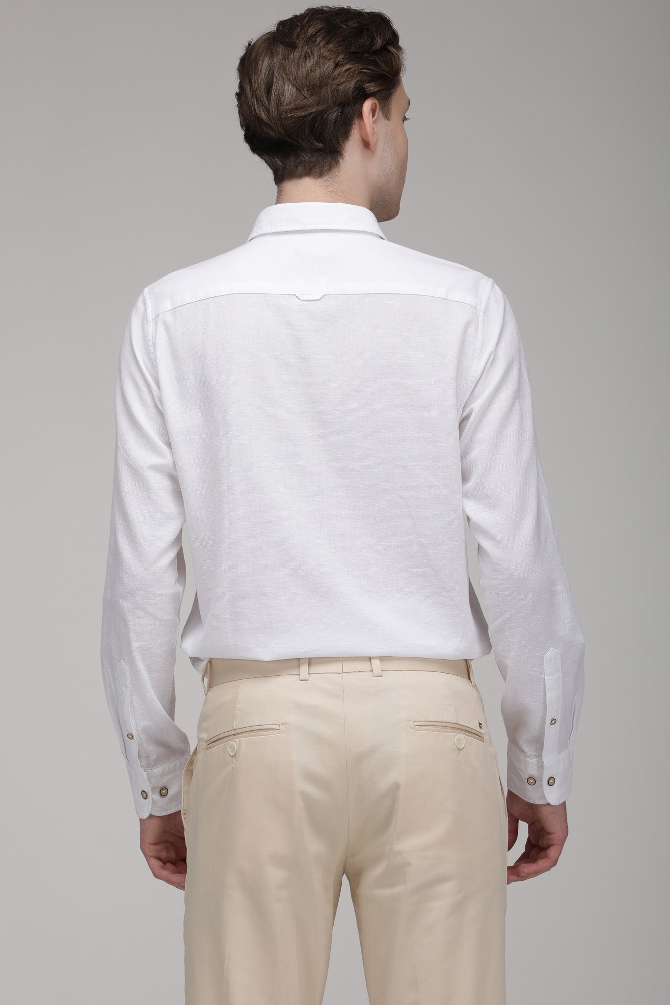 Bare Brown Regular Collar Cotton Linen Shirt, Slim Fit with Full Sleeves - White