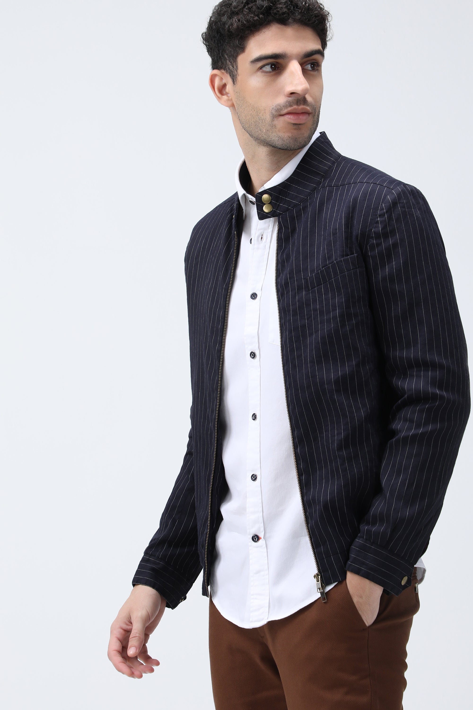Bare Brown Stripe Bomber Jacket - Navy