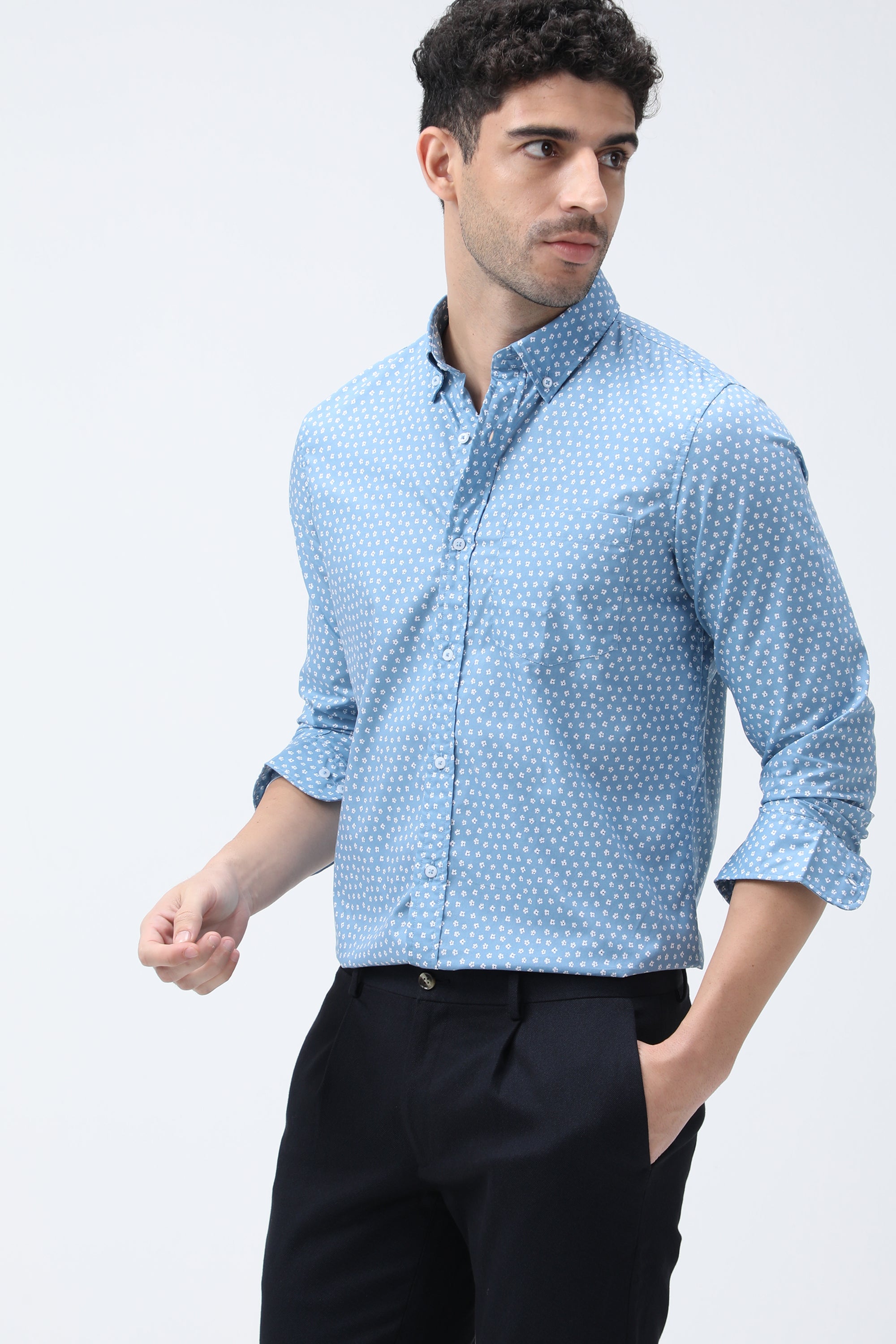 Bare Brown Floral Print Cotton Shirt - Blue