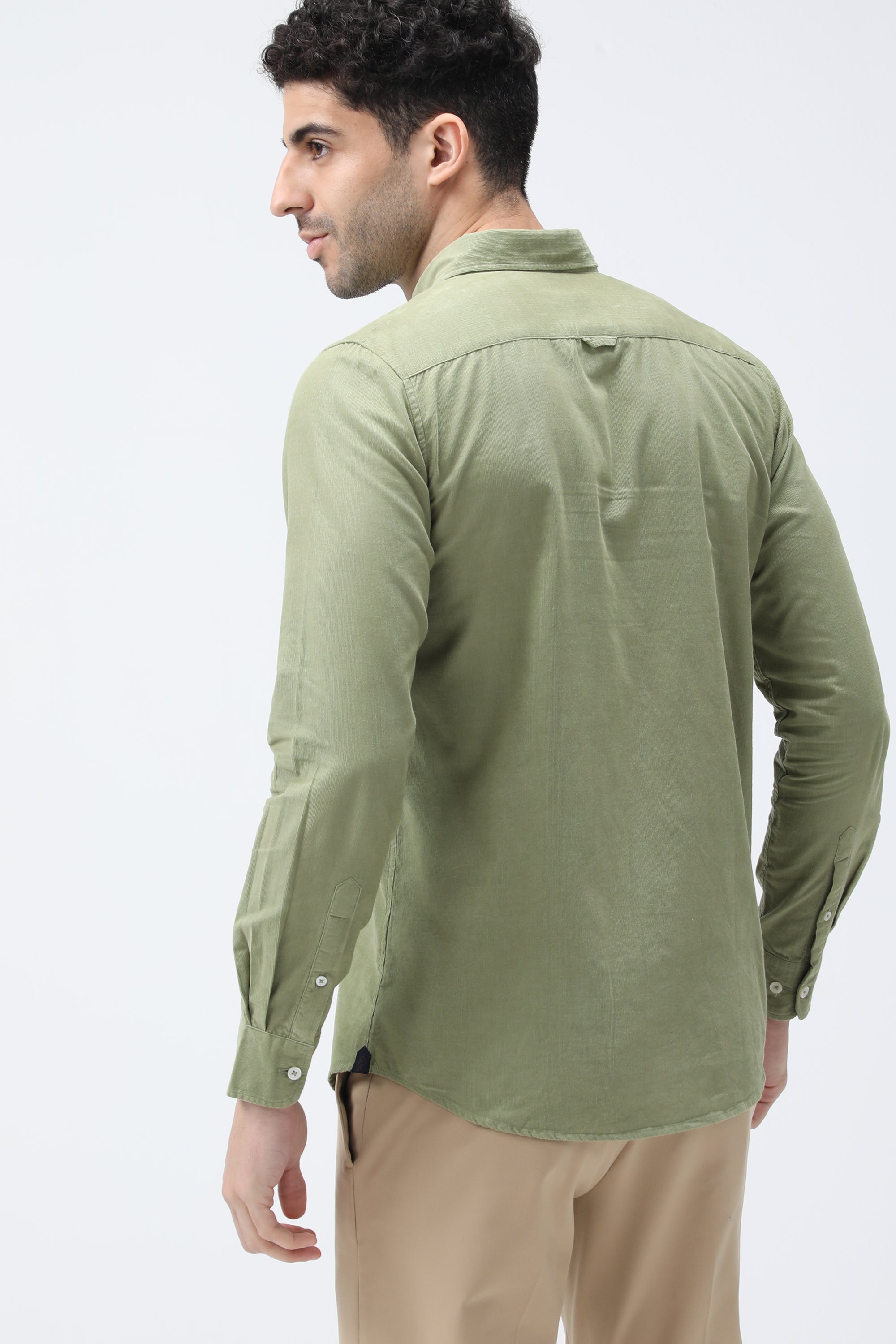 Bare Brown Corduroy Cotton Shirt, Slim Fit with Full Sleeves - Green