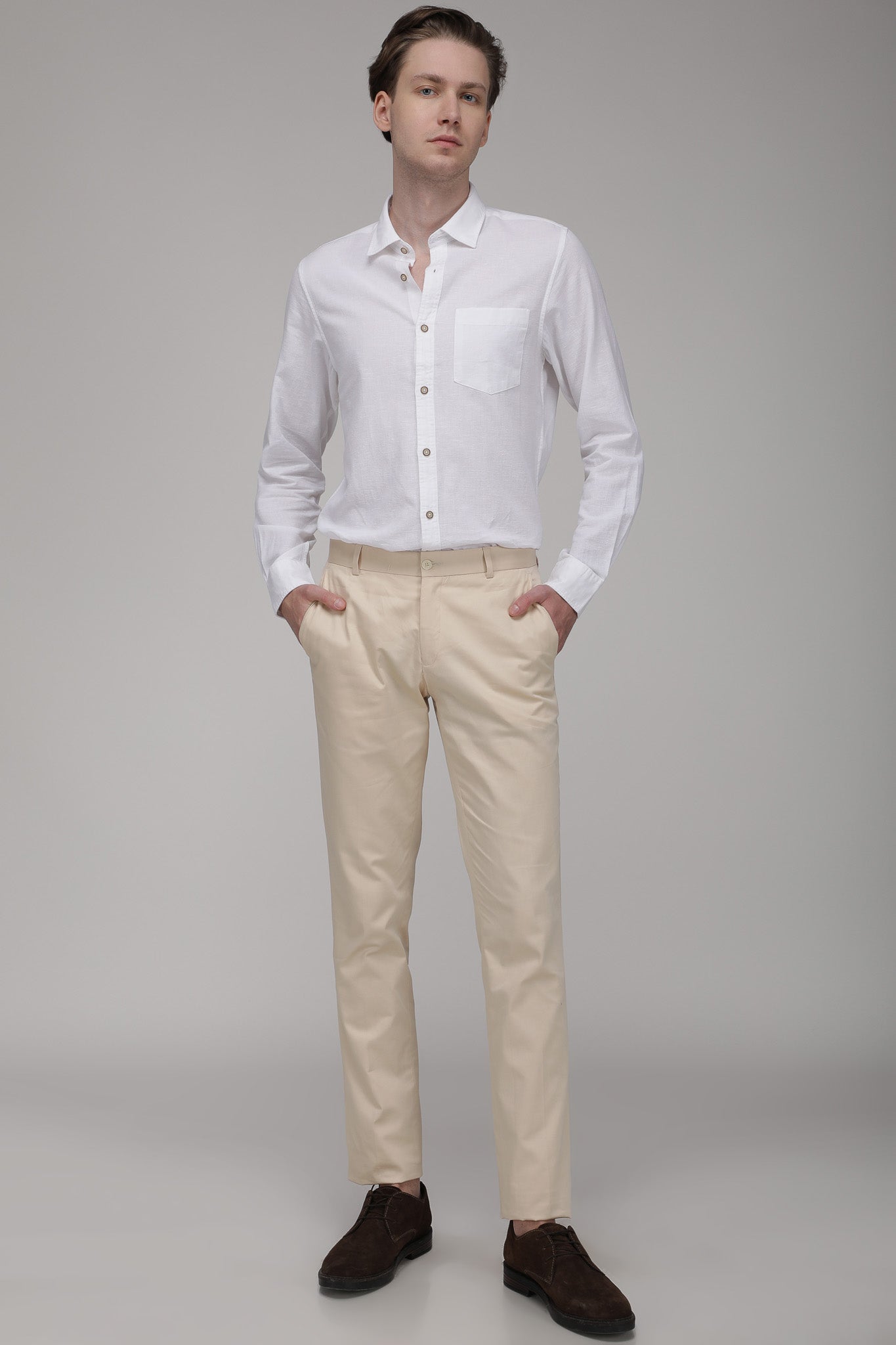 Bare Brown Regular Collar Cotton Linen Shirt, Slim Fit with Full Sleeves - White
