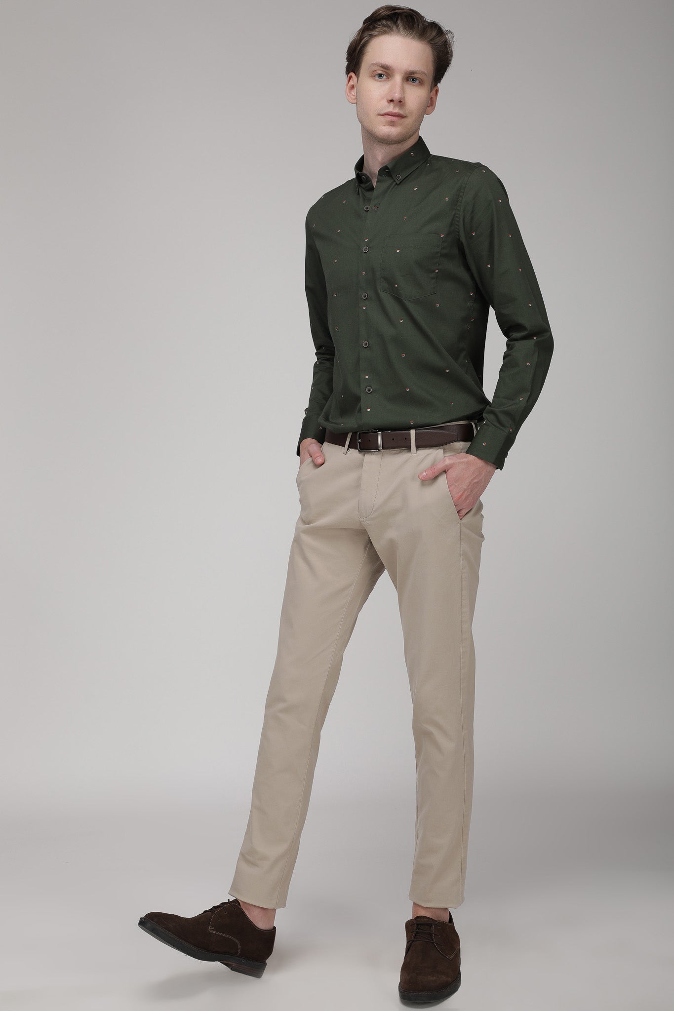 Bare Brown Stretch Slim Fit Cotton Chinos - Khaki