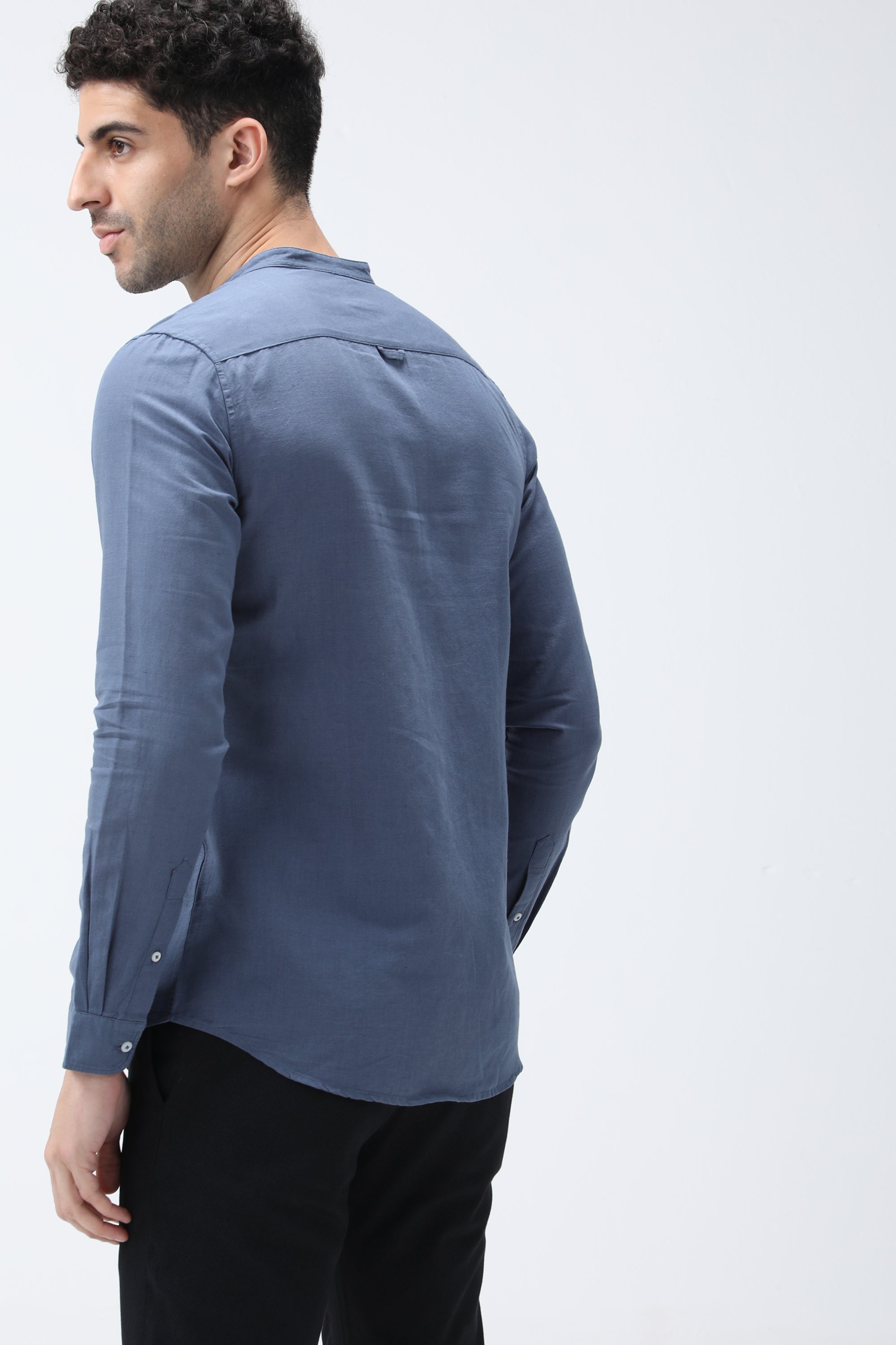 Bare Brown Mandarin Collar Cotton Linen Shirt, Slim Fit with Full Sleeves - Blue