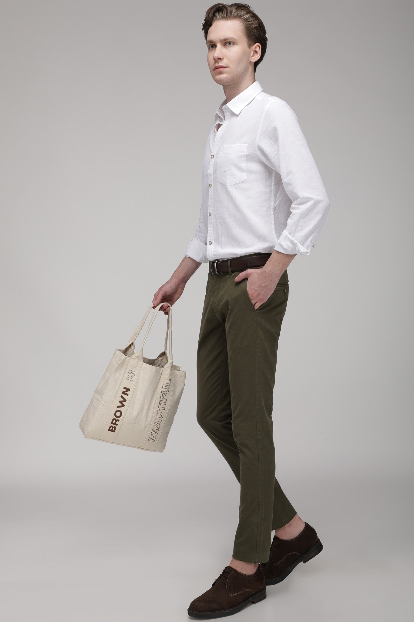 Bare Brown Stretch Slim Fit Cotton Chinos - Olive Green