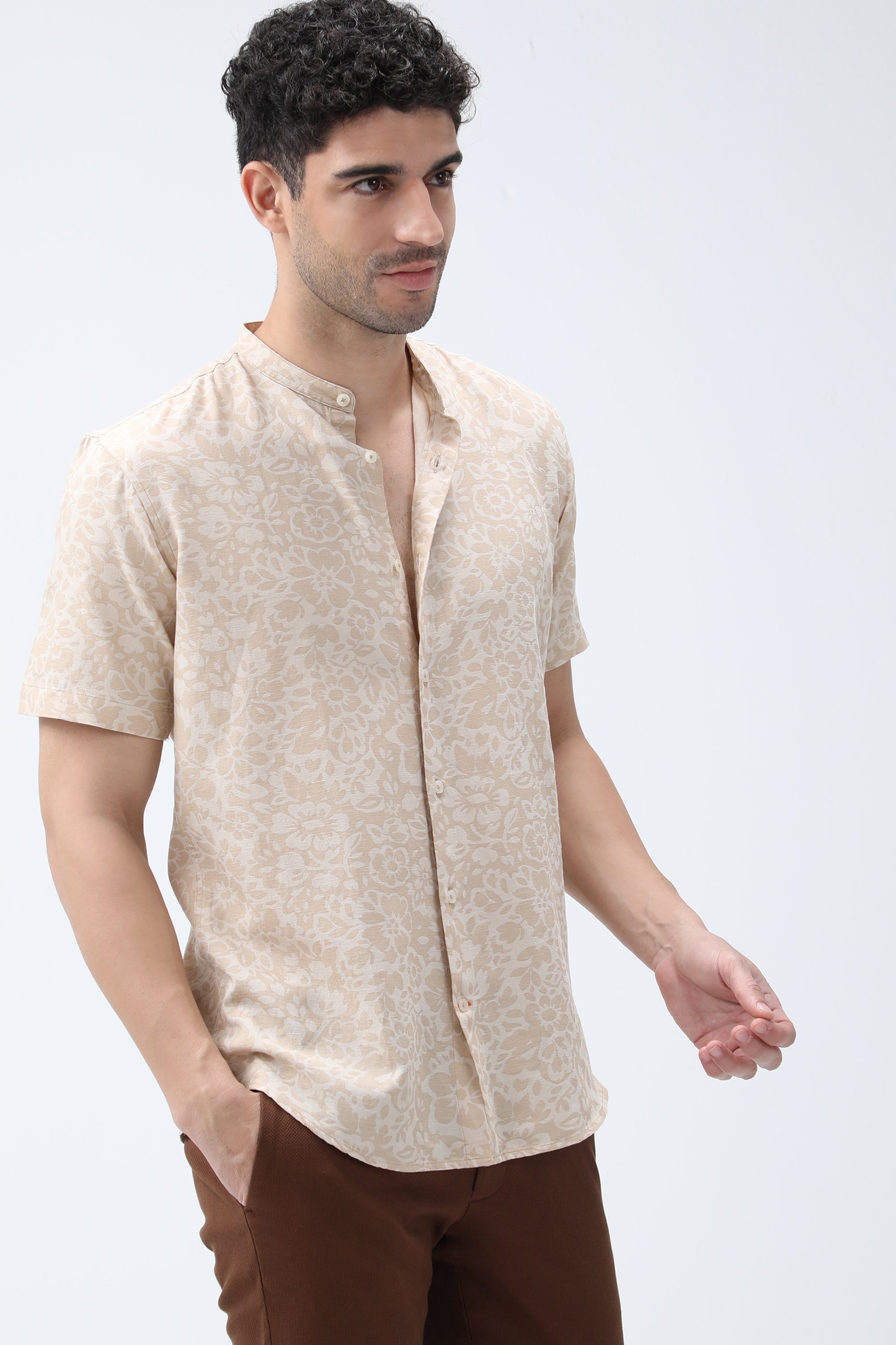 Bare Brown Beige Cotton Printed Shirt
