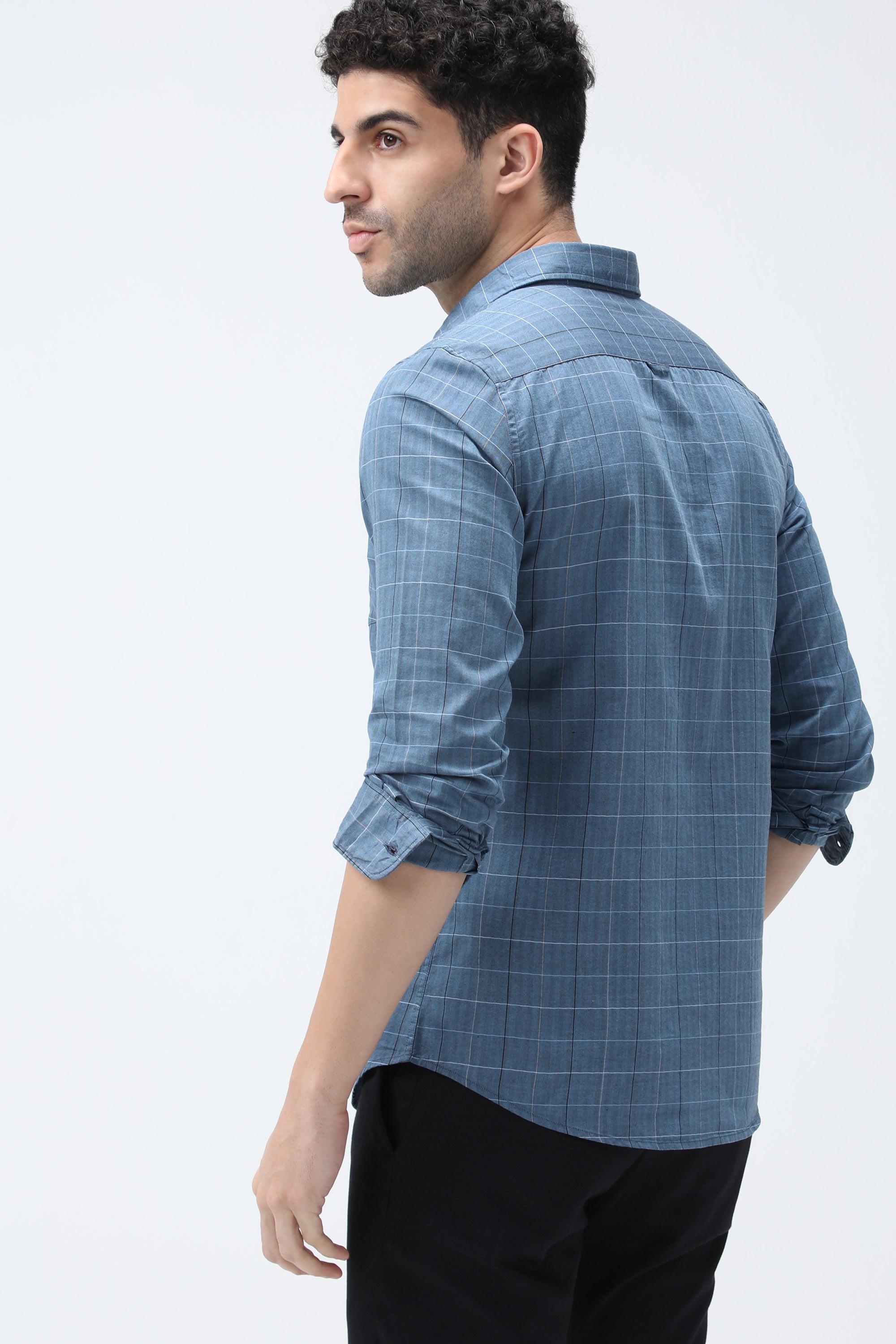 Bare Brown Checkered Cotton Blue Shirt