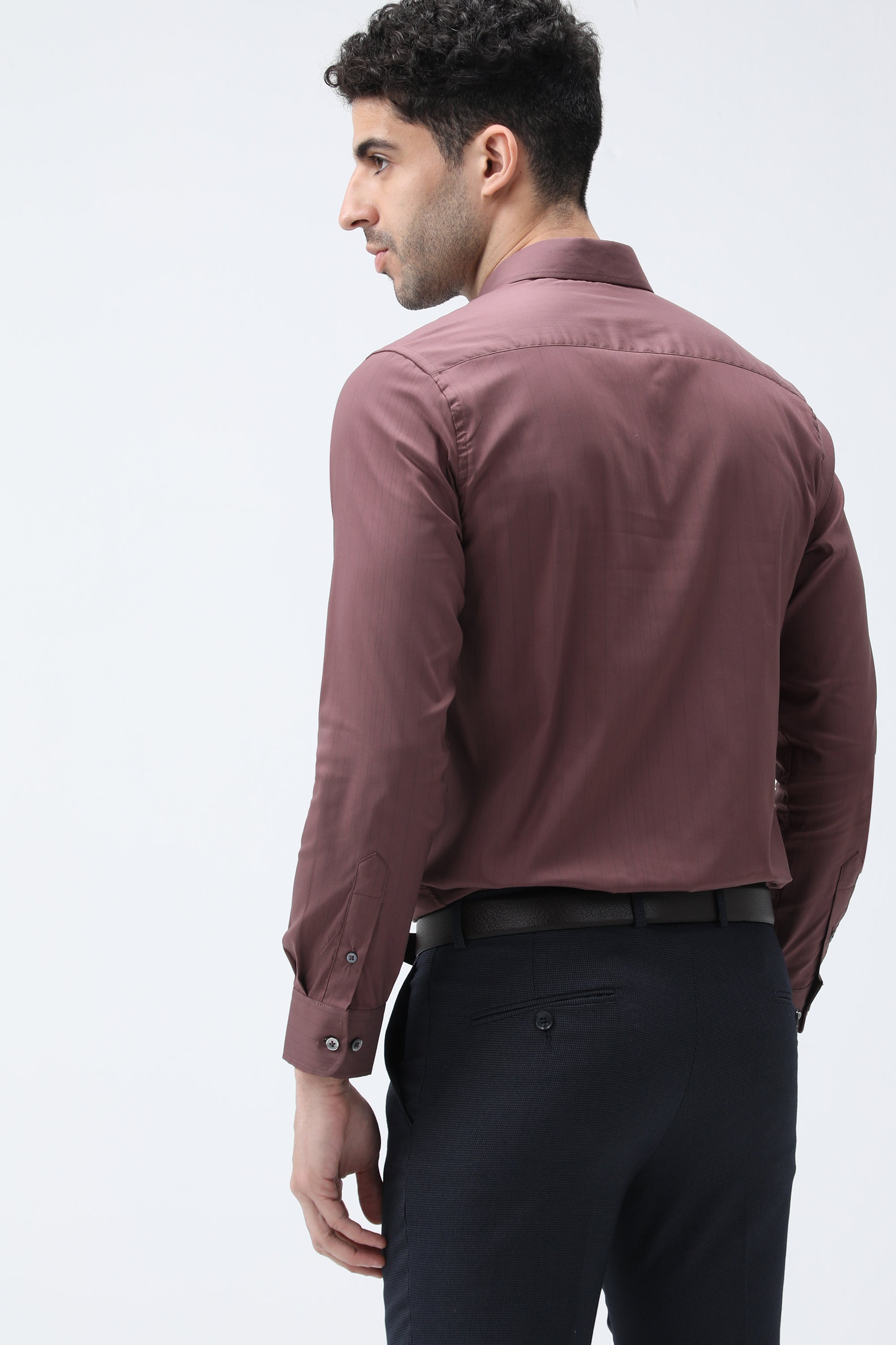 T the brand Stripe Dobby Slim Fit Full Sleeved Shirt - Brown