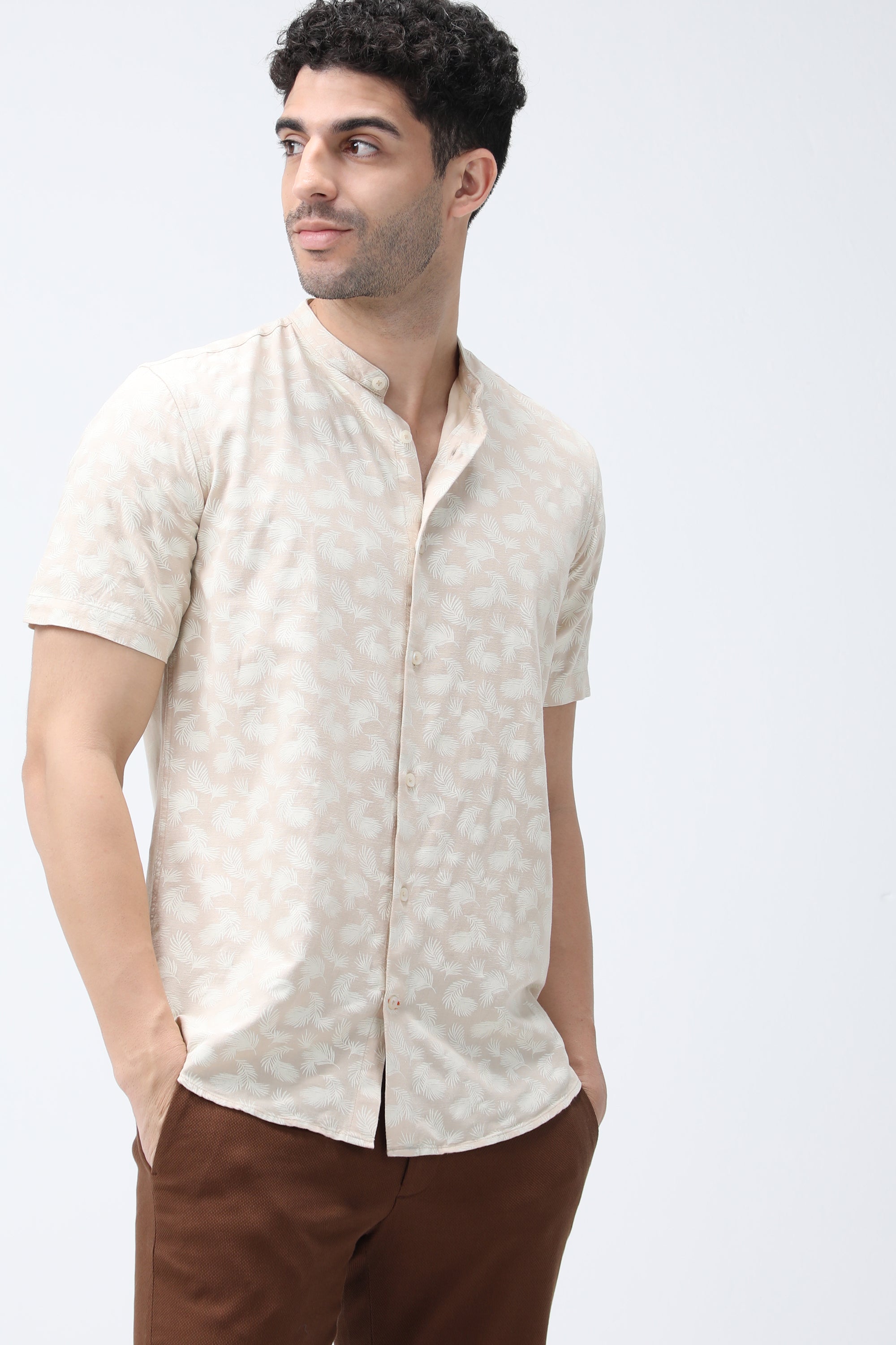 Bare Brown Cotton Beige Printed Shirt