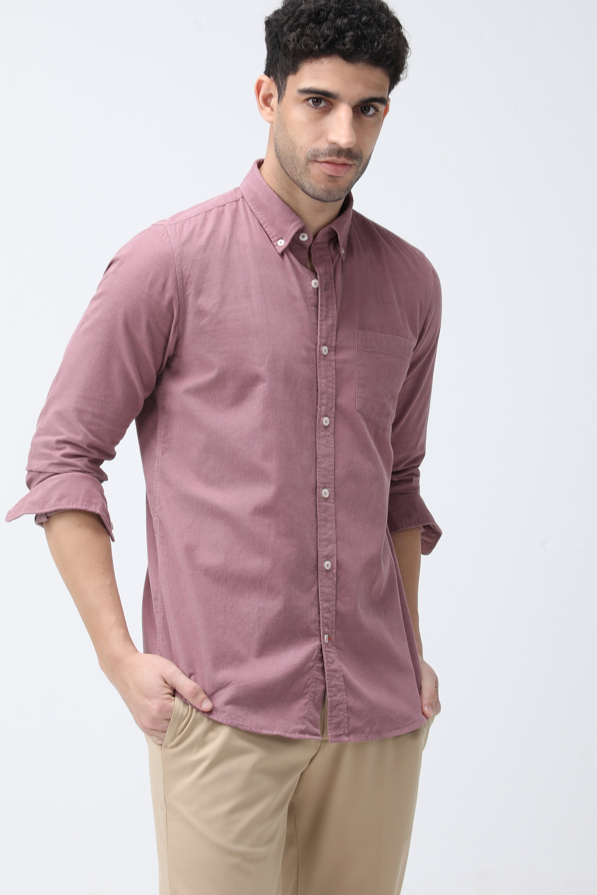 Bare Brown Corduroy Cotton Shirt, Slim Fit with Full Sleeves - Pink