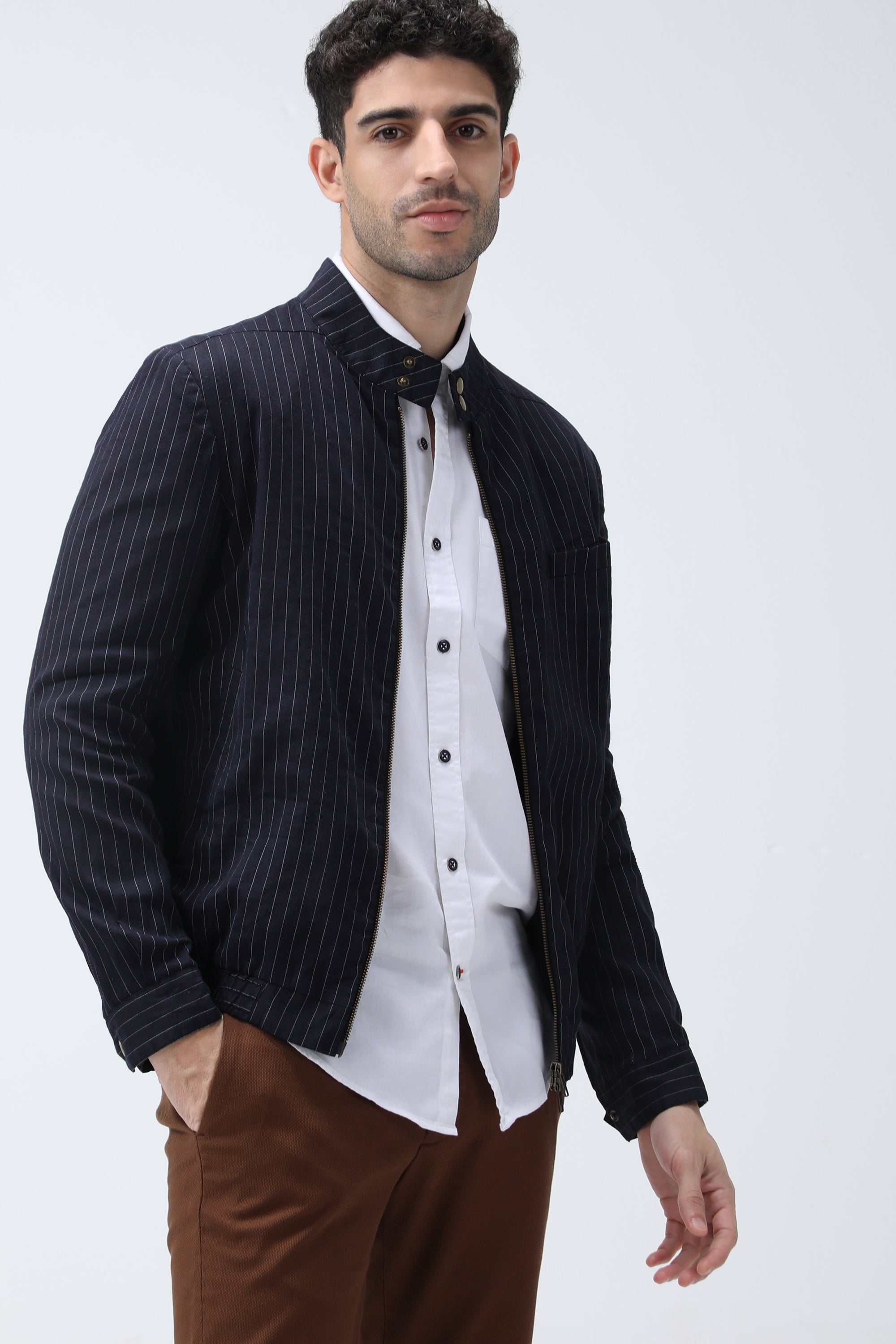 Bare Brown Stripe Bomber Jacket - Navy