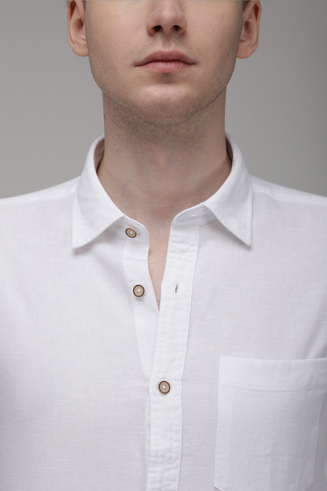 Bare Brown Regular Collar Cotton Linen Shirt, Slim Fit with Full Sleeves - White