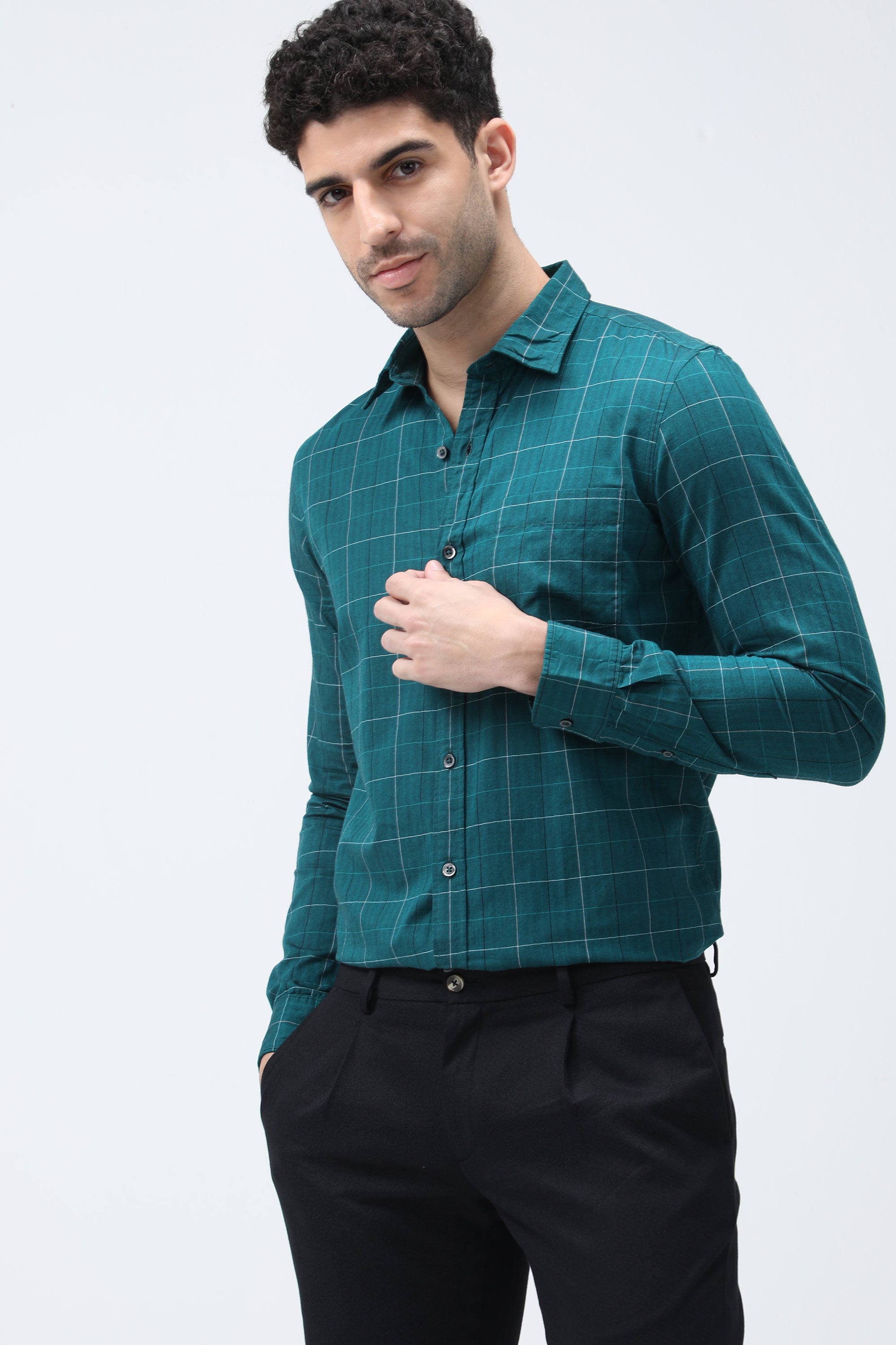 Bare Brown Checked Cotton Green Shirt
