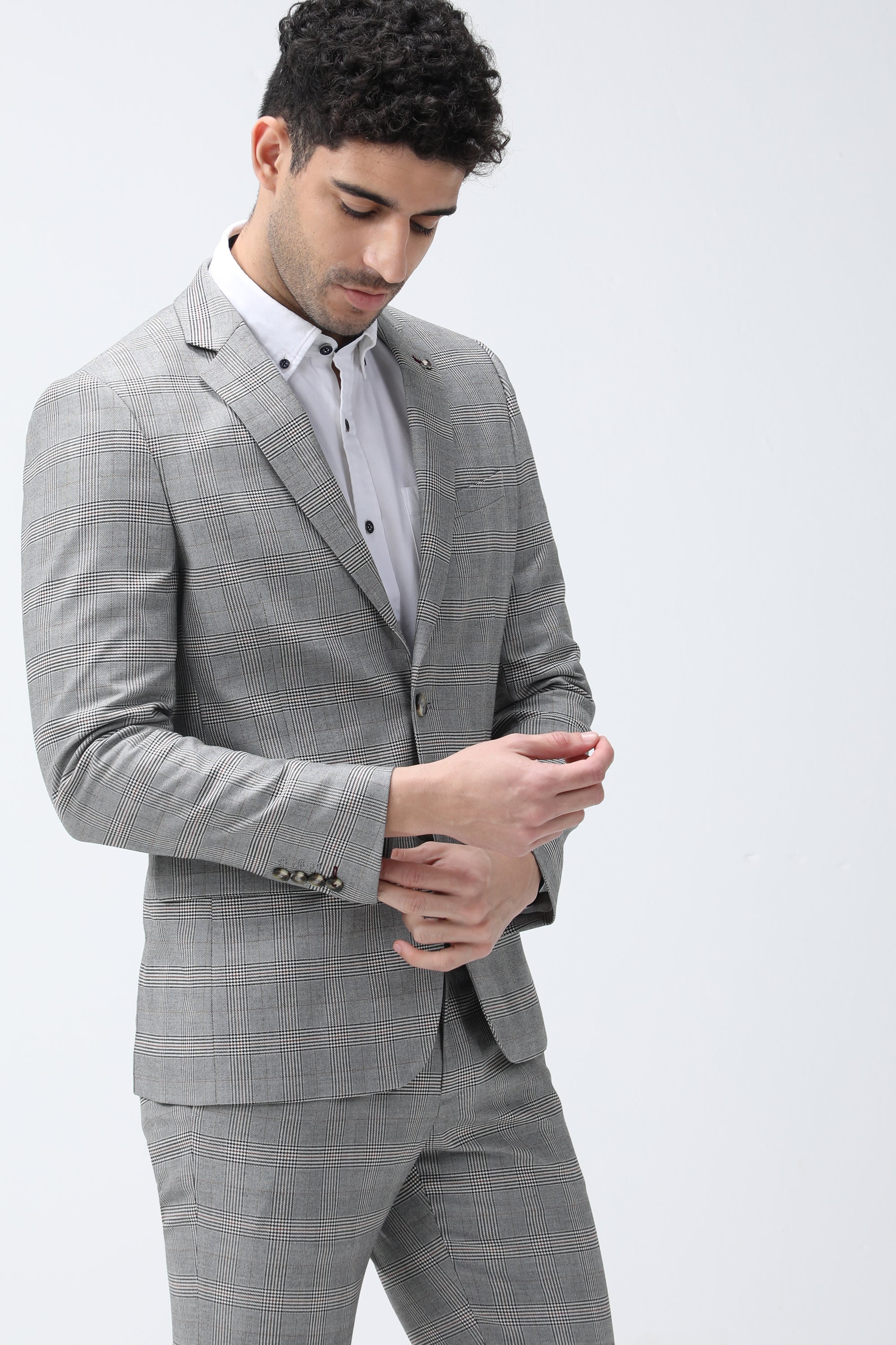 Bare Brown Casual Checkered Blazer - Grey