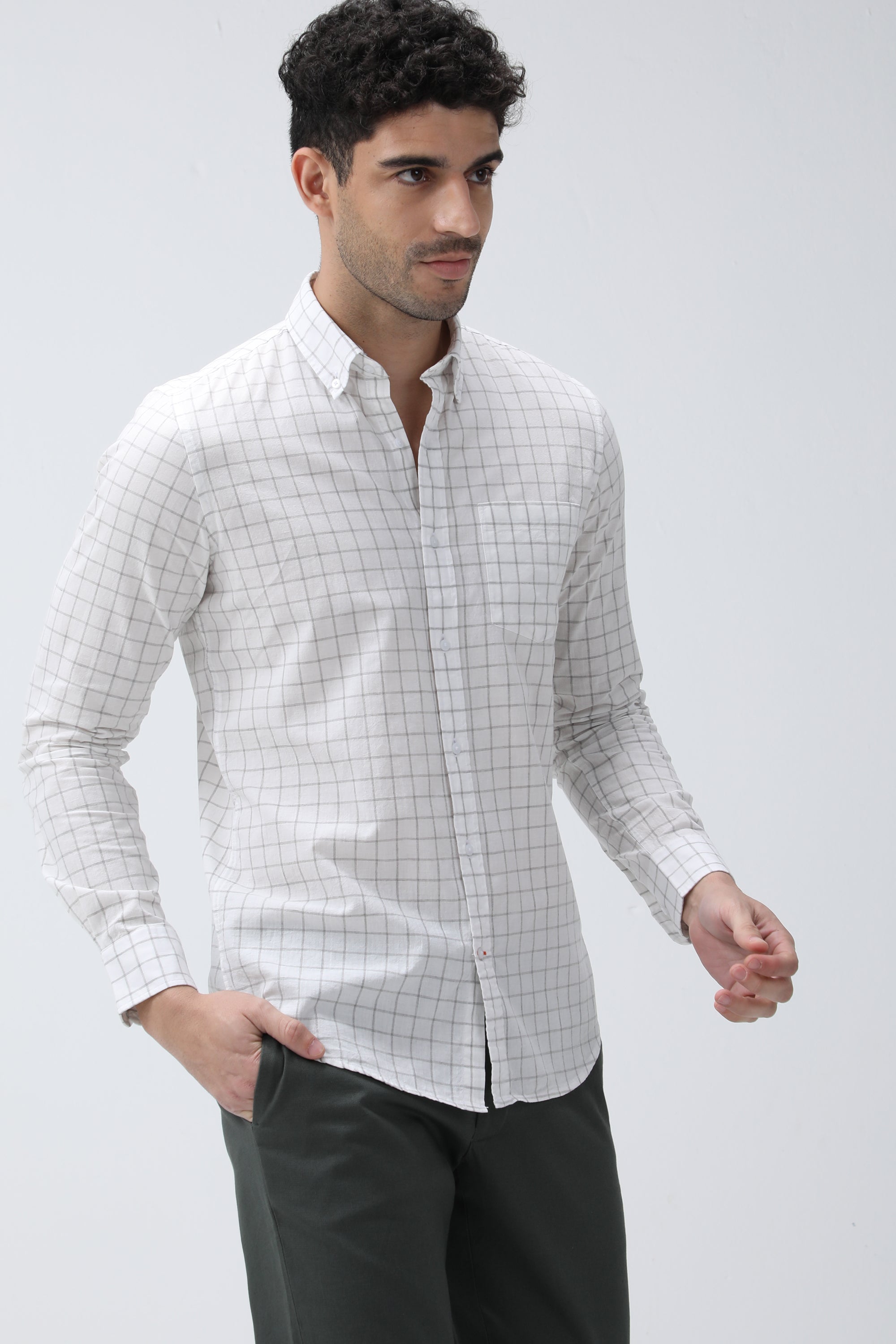 Bare Brown Checkered Cotton Shirt - White