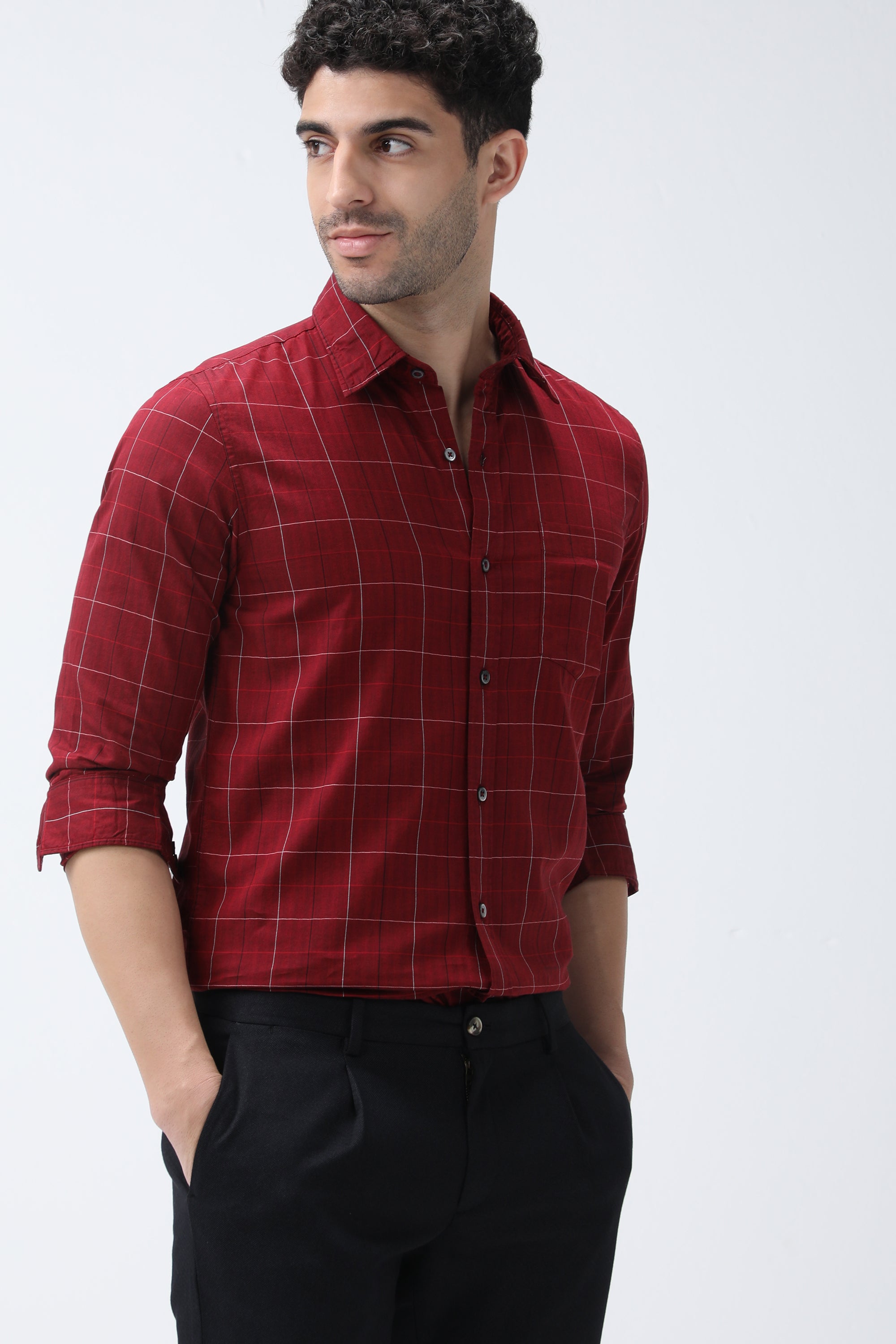 Bare Brown Checked Cotton Red Shirt