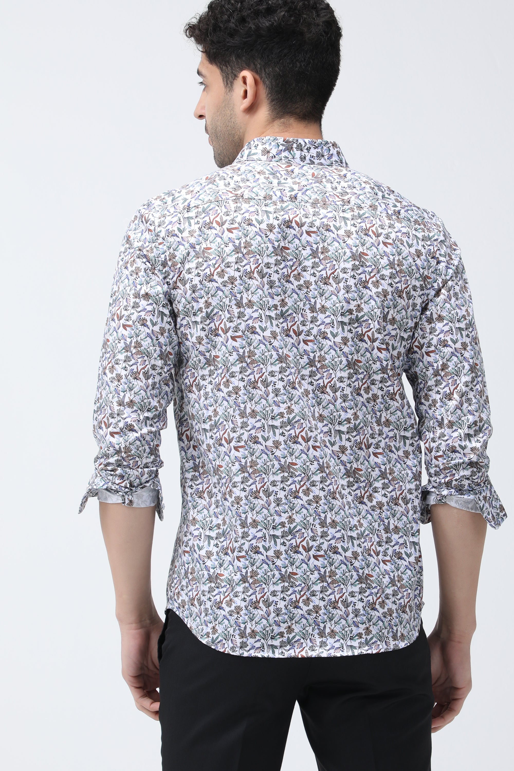 Floral Printed Twill Slim Fit Full Sleeved Shirt - White