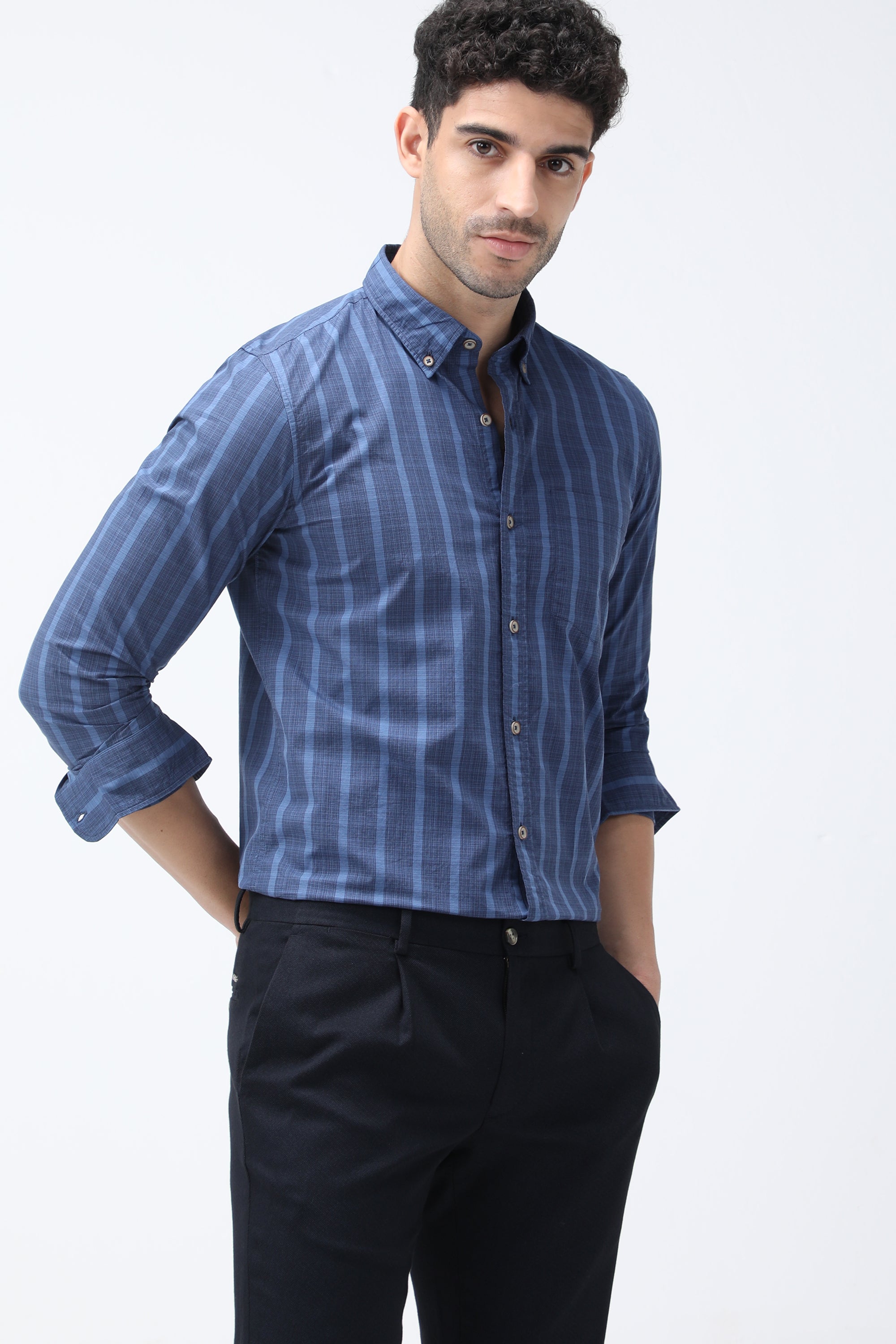 Mr. Brown Stripe Cotton Blue Shirt