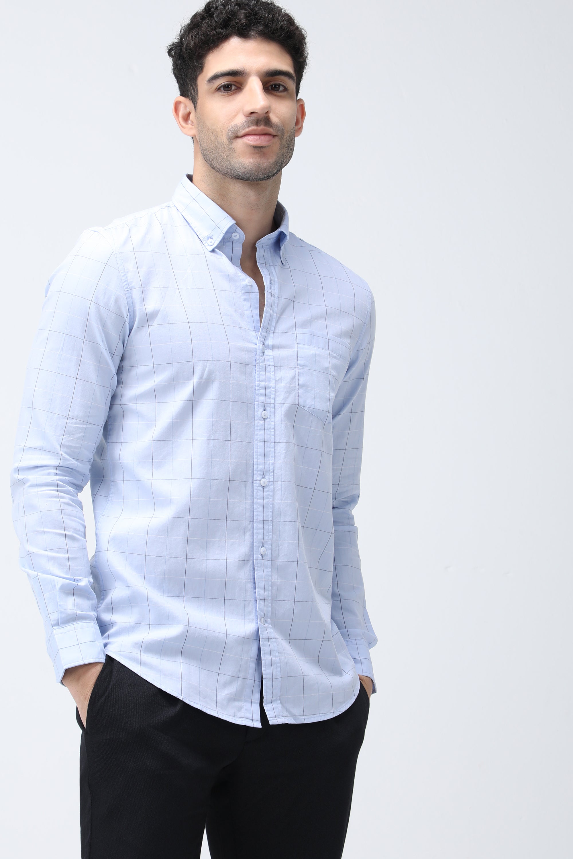 Bare Brown Checkered Cotton Light Blue Shirt