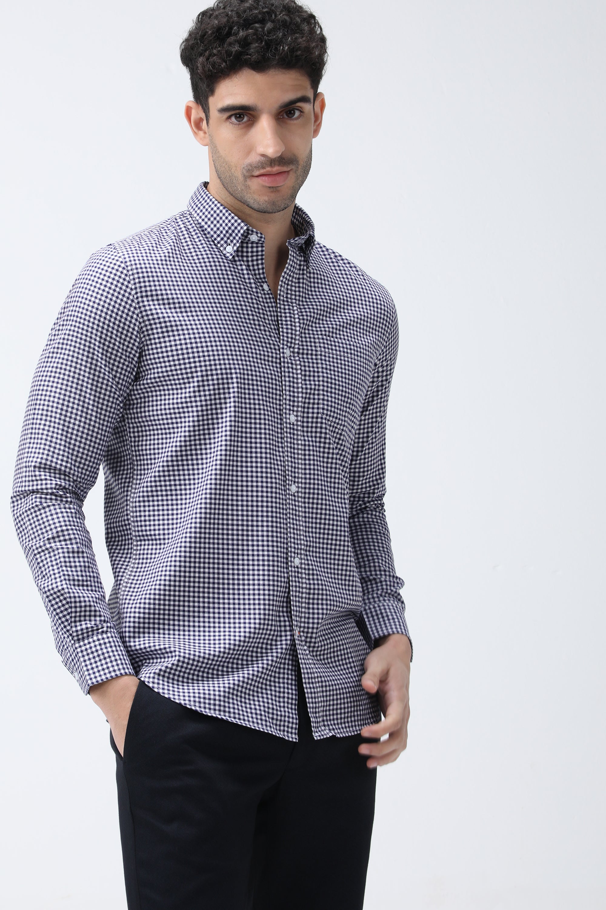 Bare Brown Gingham Checkered Cotton Shirt - Navy