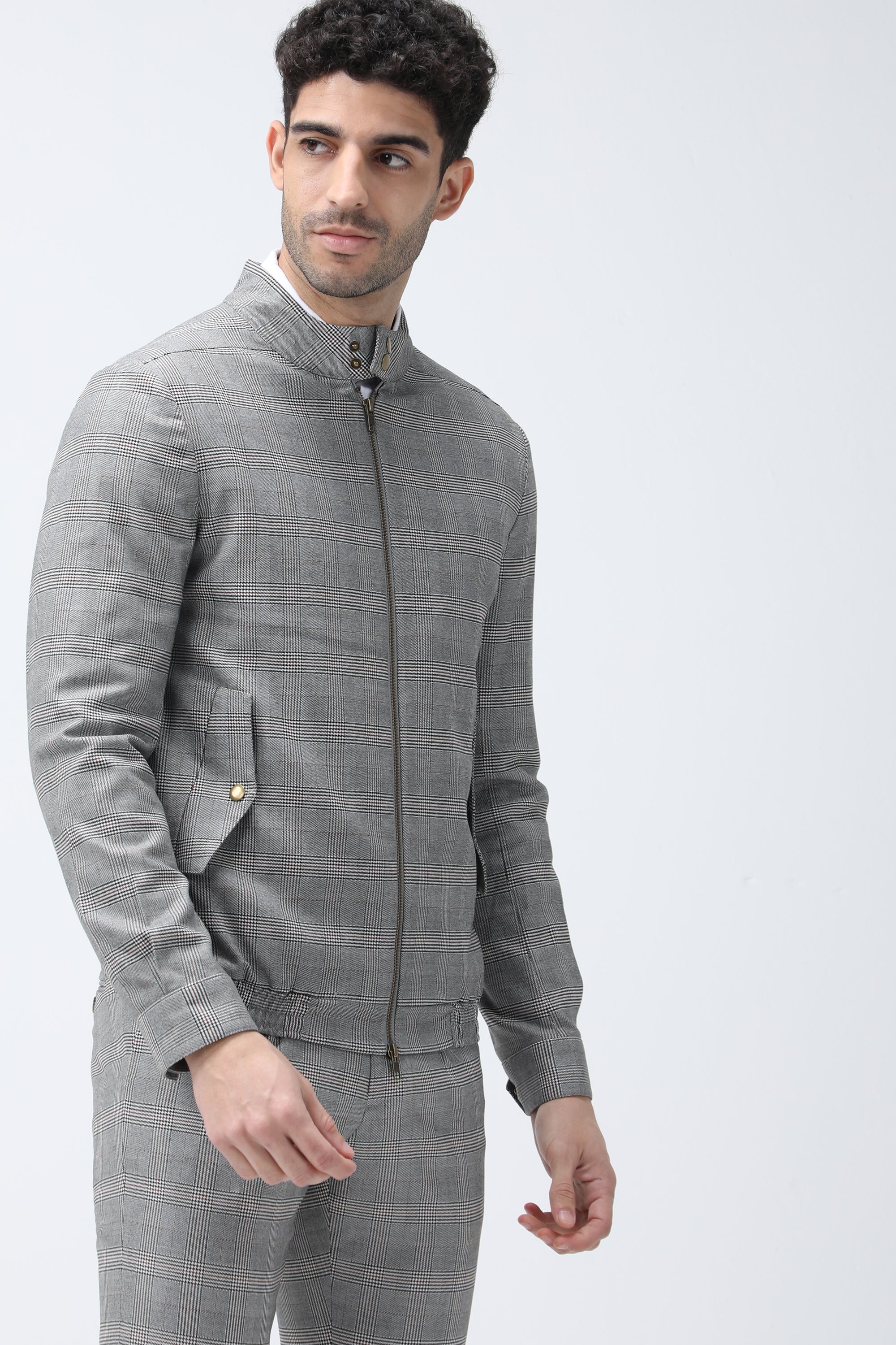 Bare Brown Checkered Bomber Jacket - Grey
