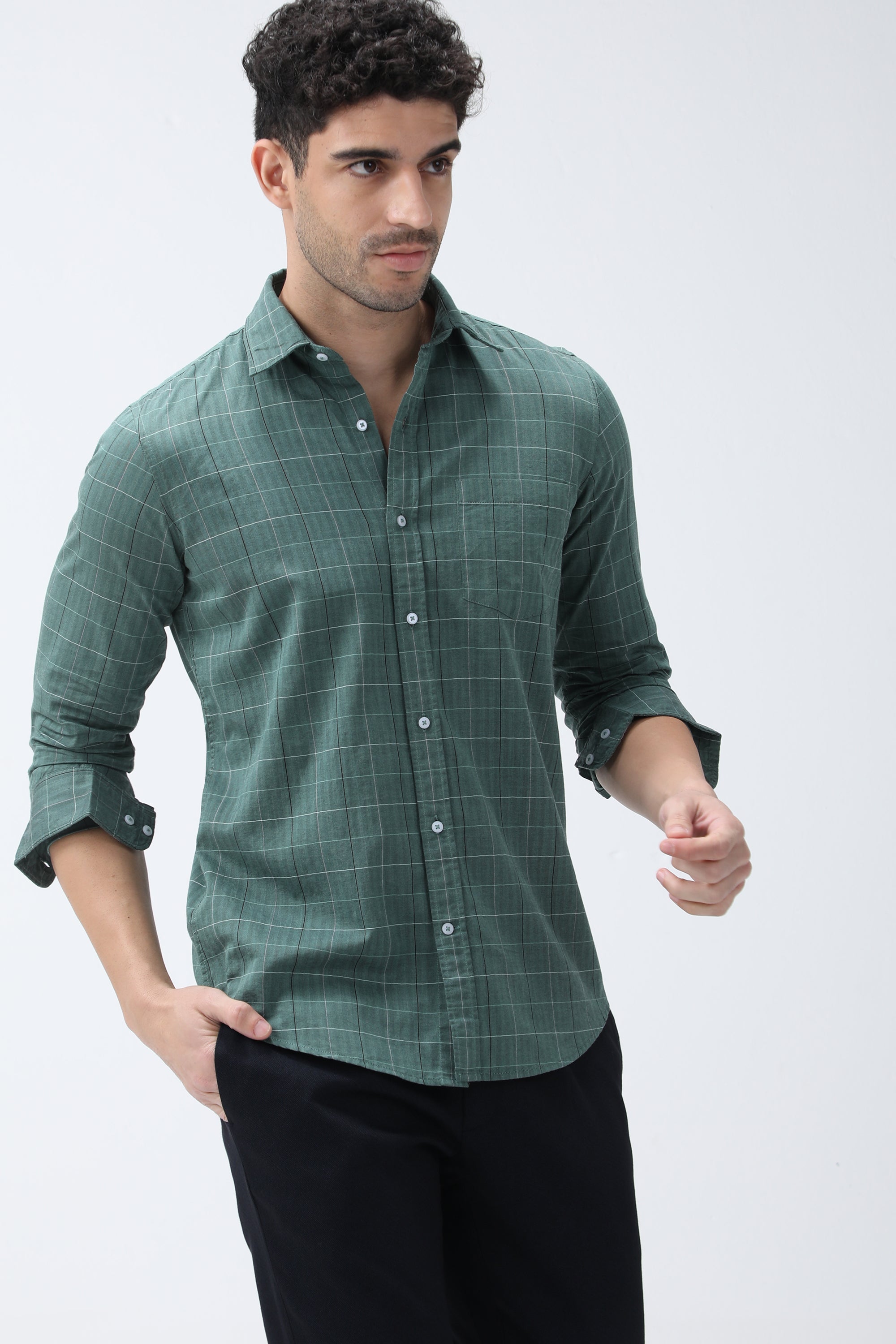 Bare Brown Checkered Cotton Green Shirt