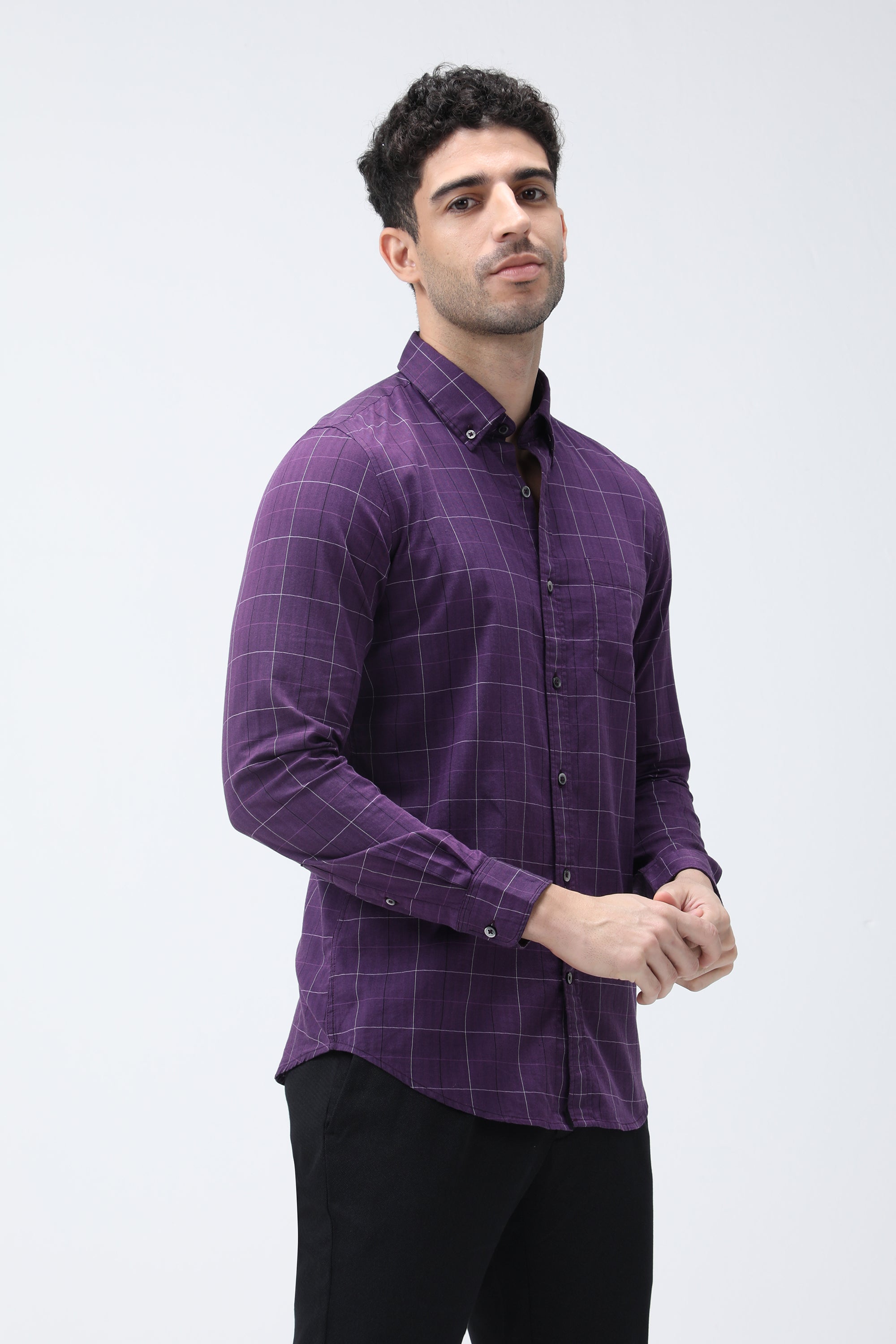 Bare Brown Checkered Cotton Purple Shirt