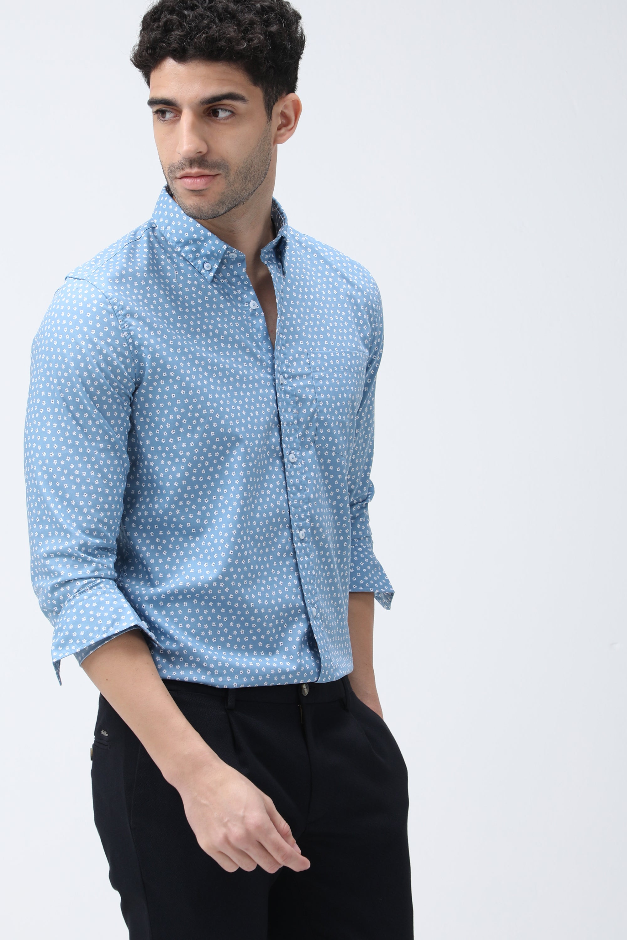 Bare Brown Floral Print Cotton Shirt - Blue