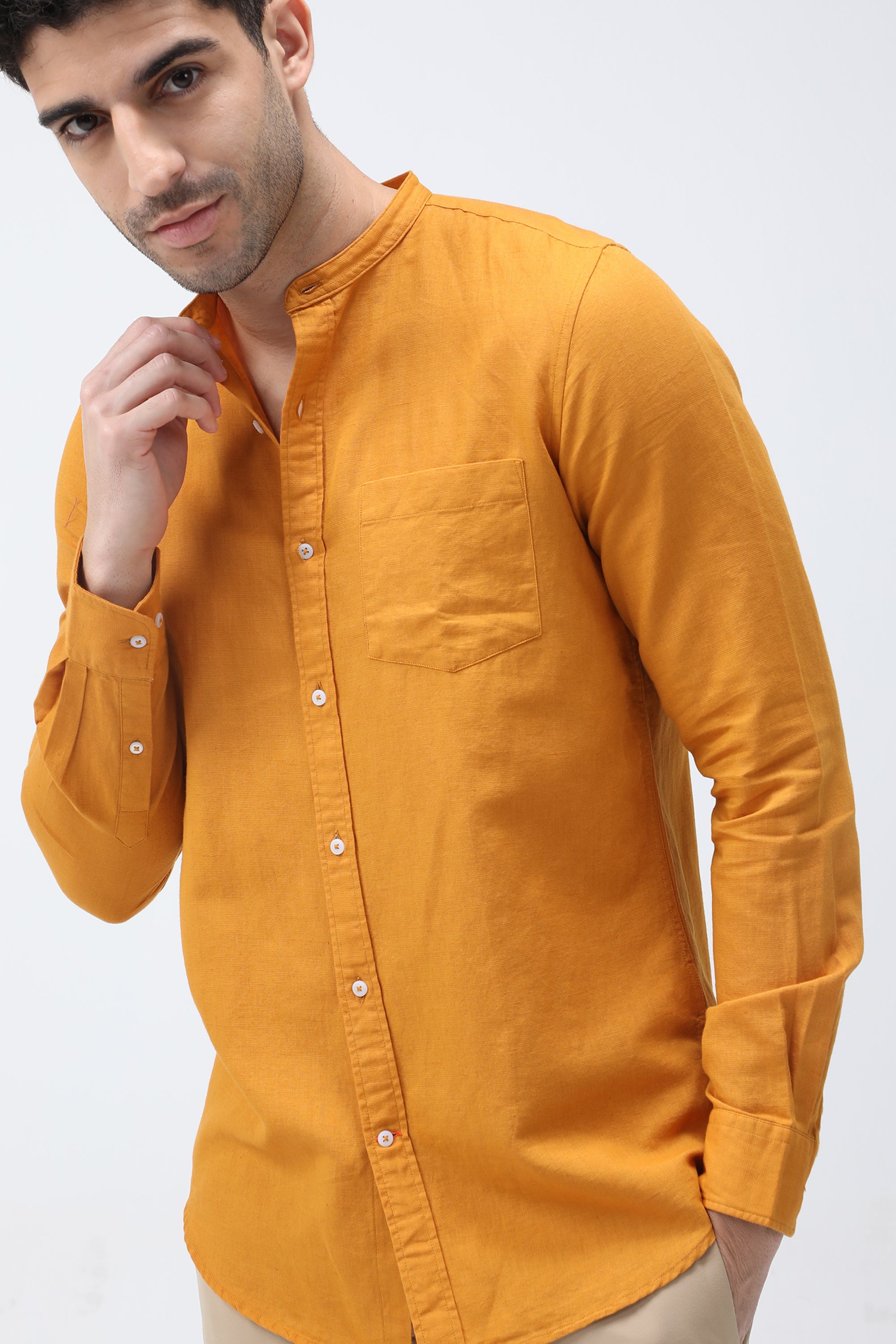 Bare Brown Mandarin Collar Cotton Linen Shirt, Slim Fit with Full Sleeves -Yellow