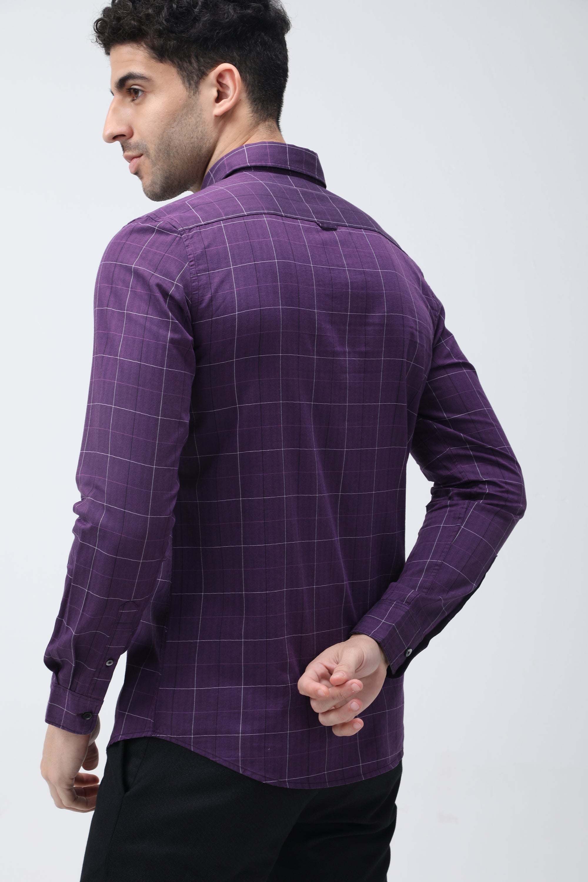 Bare Brown Checkered Cotton Purple Shirt