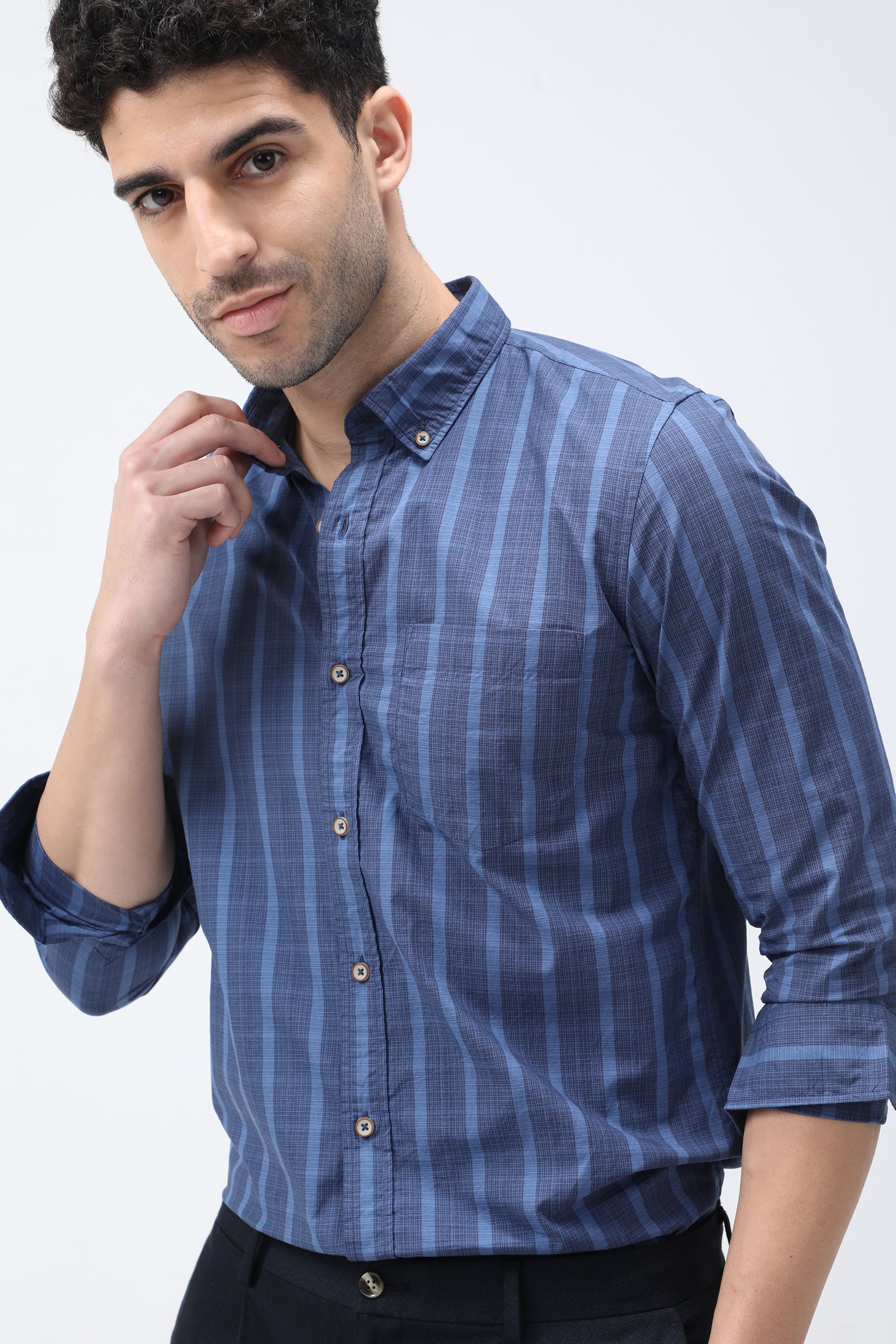 Mr. Brown Stripe Cotton Blue Shirt