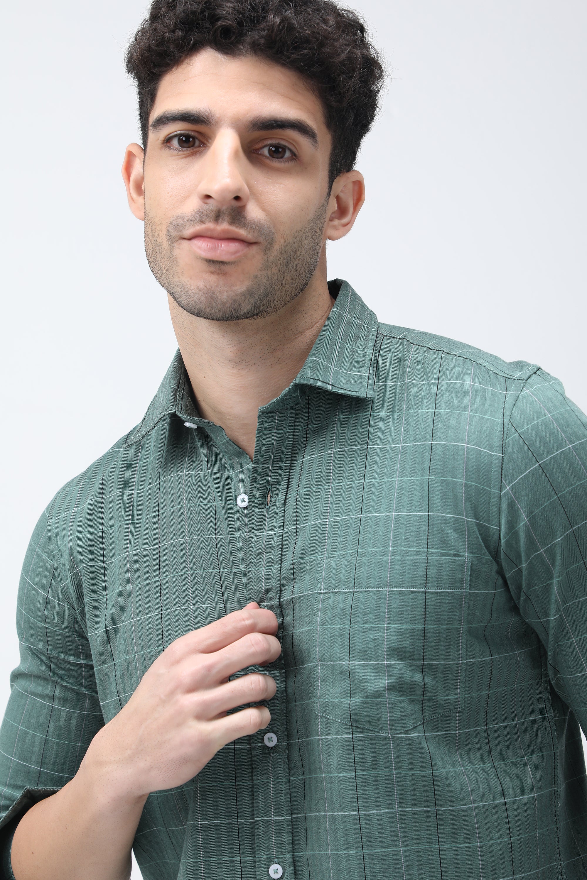 Bare Brown Checkered Cotton Green Shirt