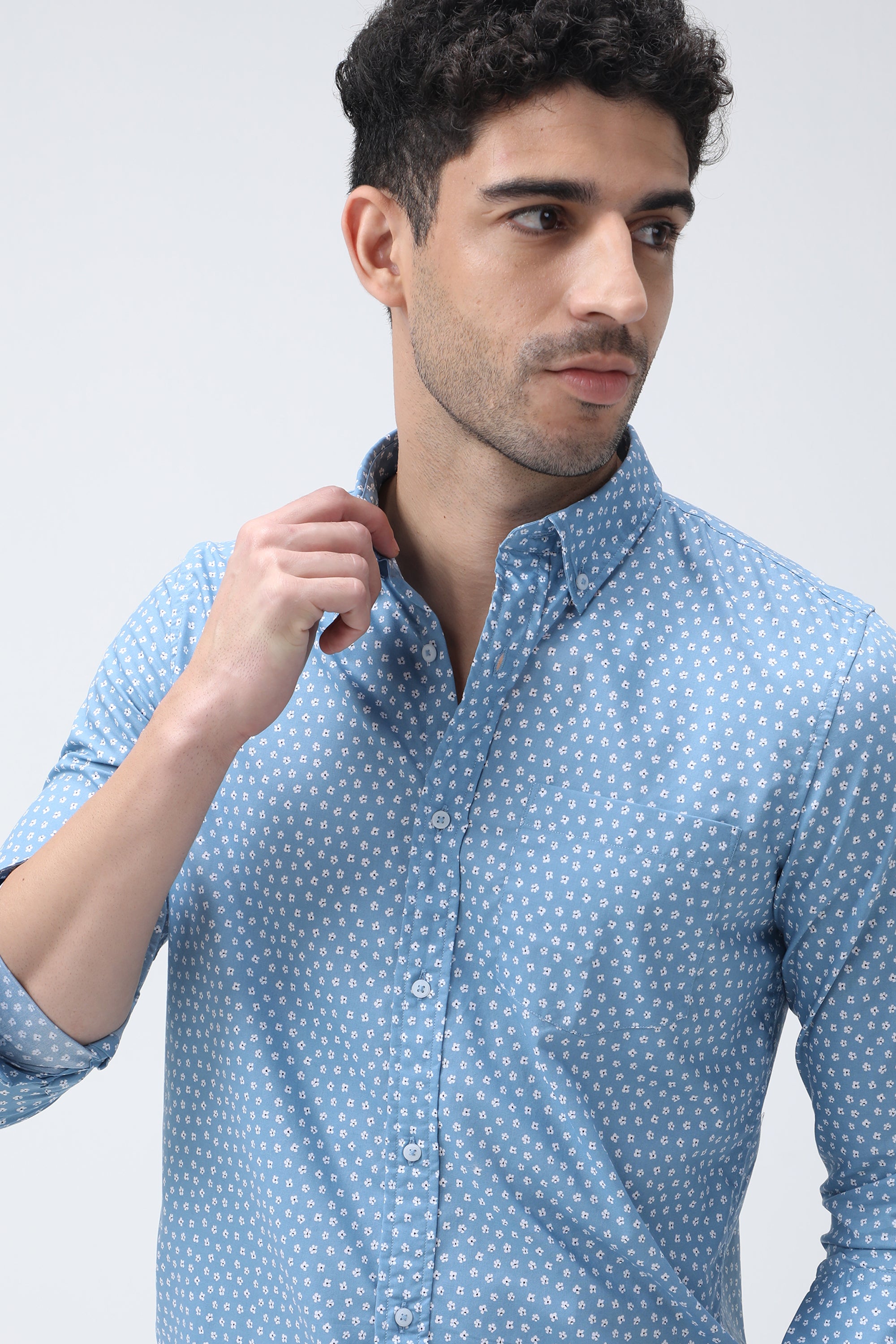 Bare Brown Floral Print Cotton Shirt - Blue