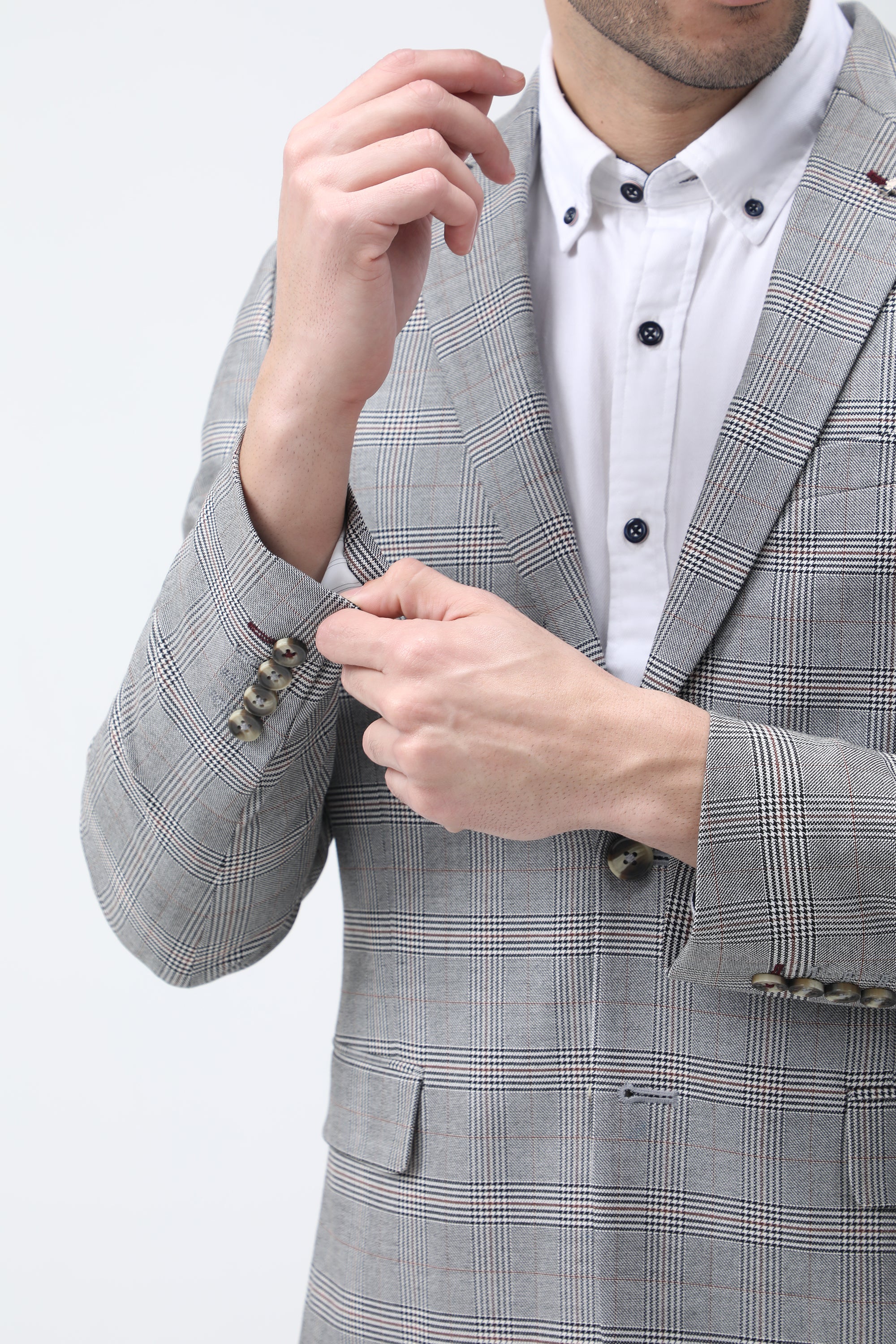 Bare Brown Casual Checkered Blazer - Grey