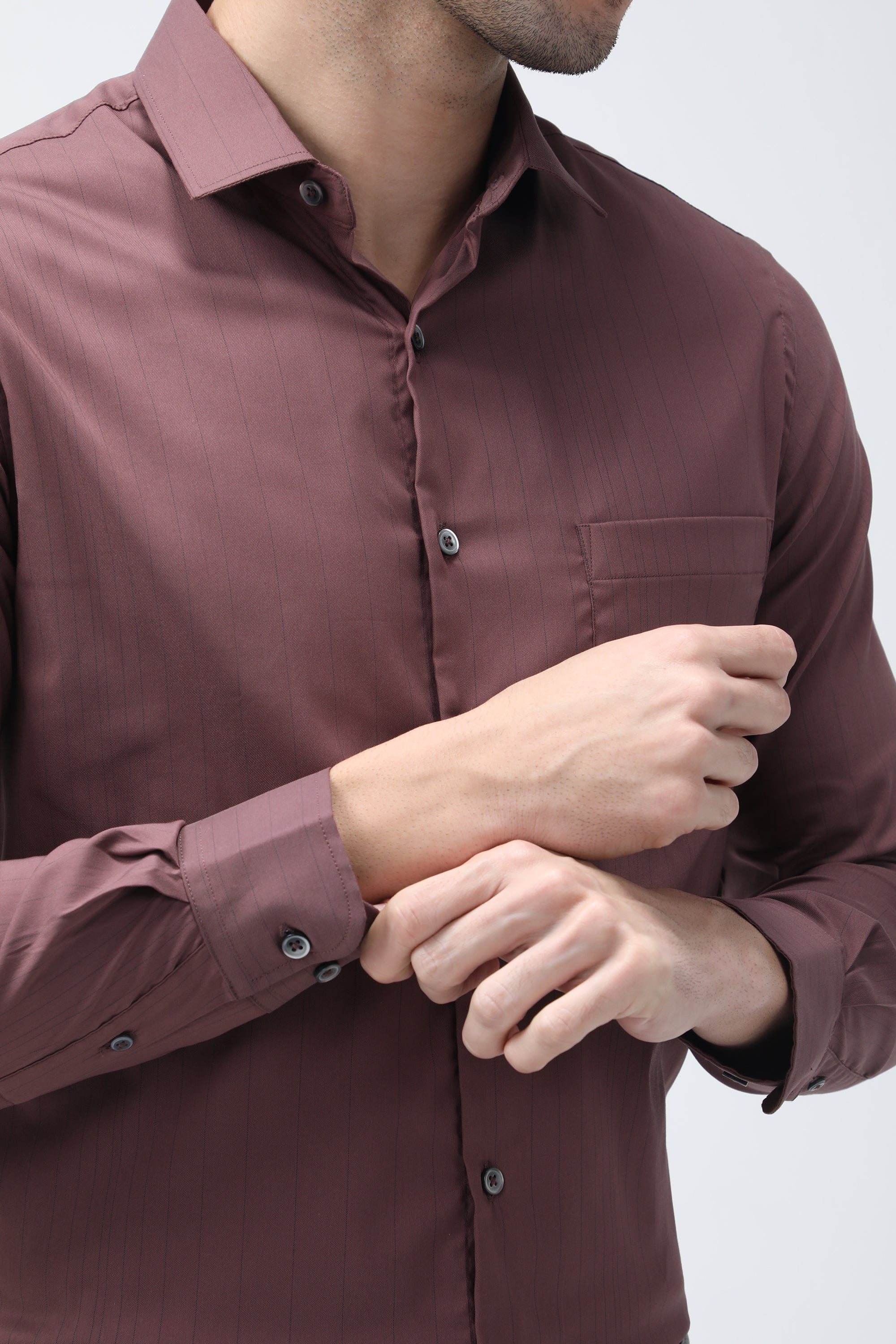 T the brand Stripe Dobby Slim Fit Full Sleeved Shirt - Brown