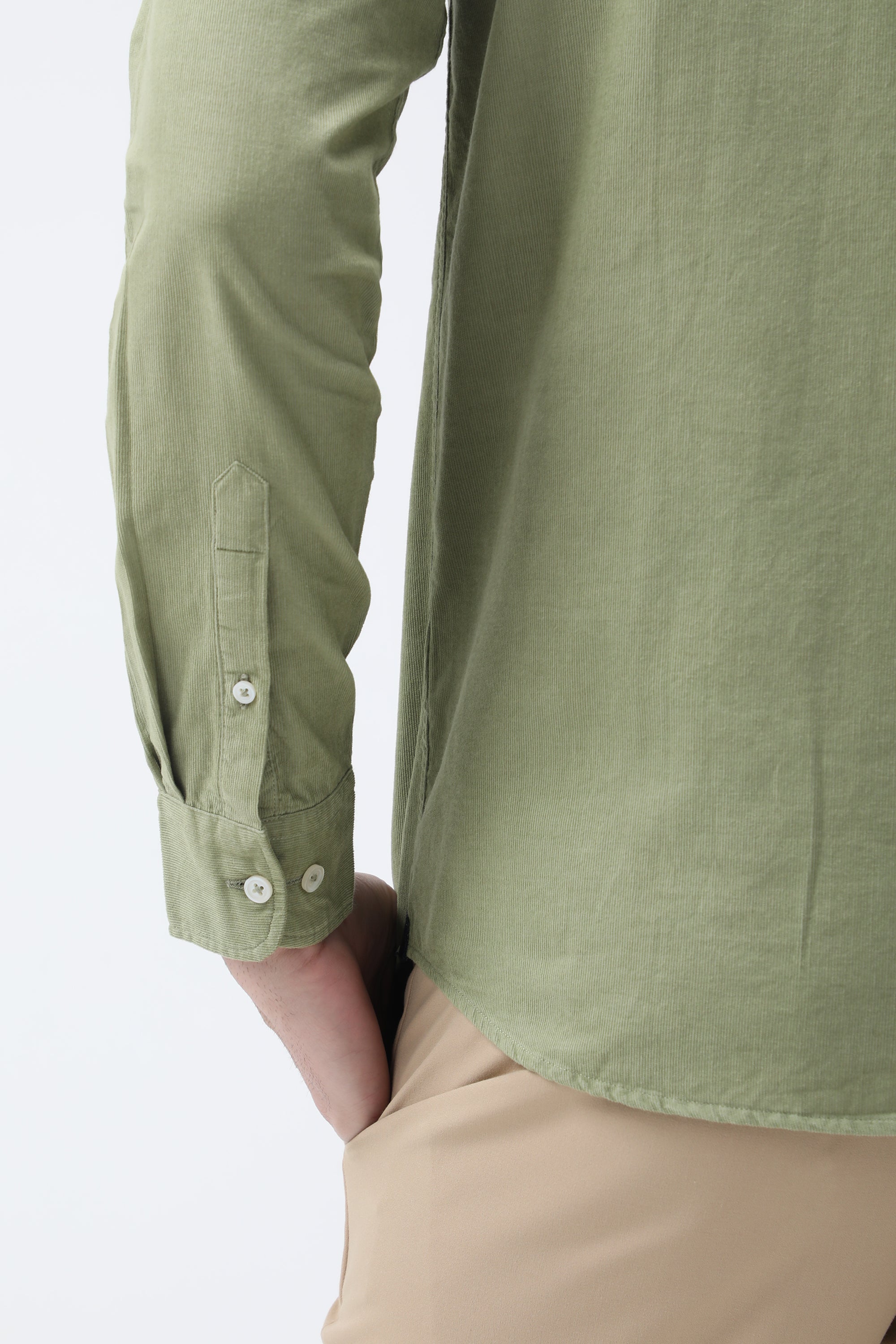 Bare Brown Corduroy Cotton Shirt, Slim Fit with Full Sleeves - Green