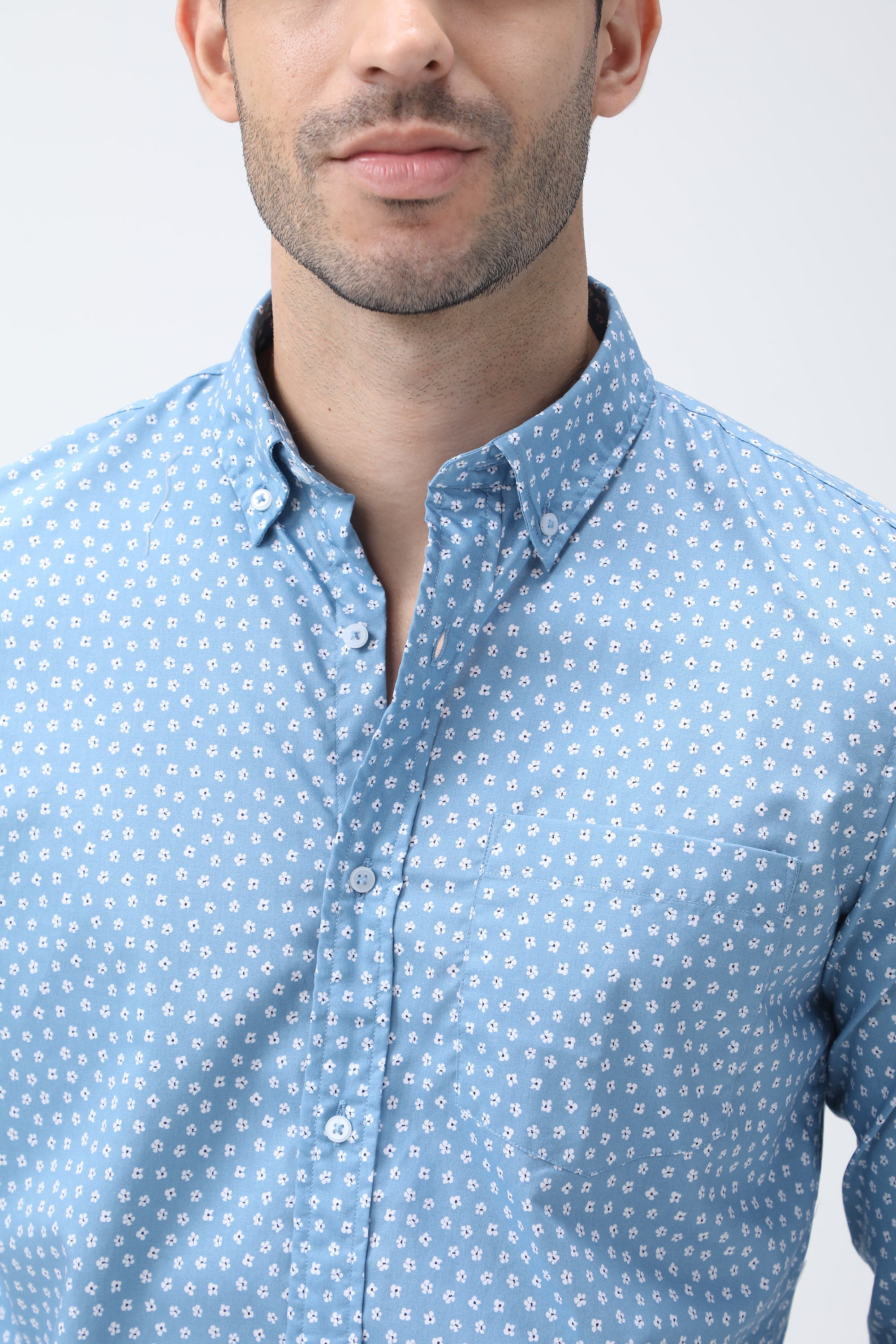 Bare Brown Floral Print Cotton Shirt - Blue
